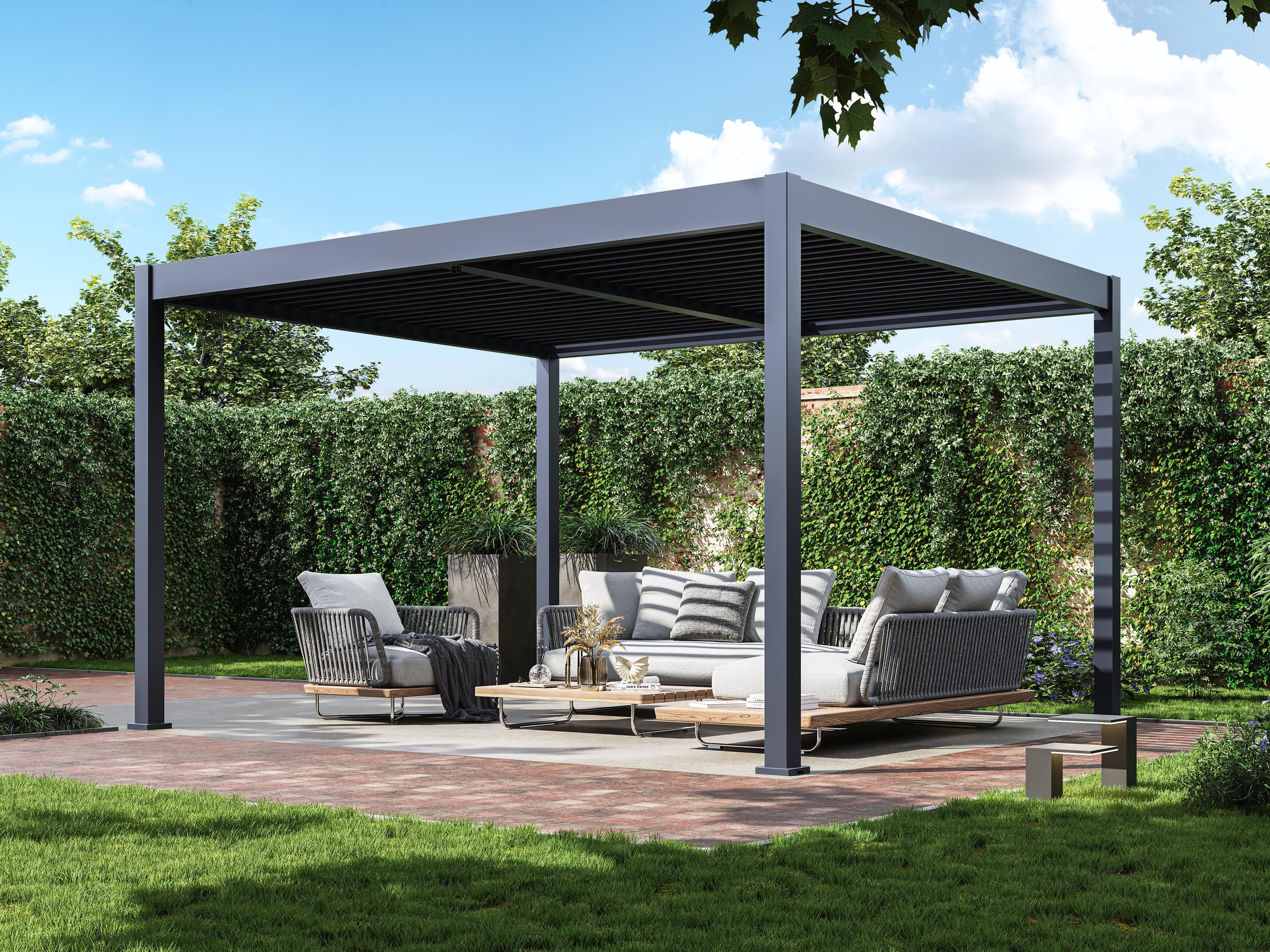 Paragon Outdoor Suprema louvered pergola with Slate Gray frame and Slate Gray louvers over a patio sofa set