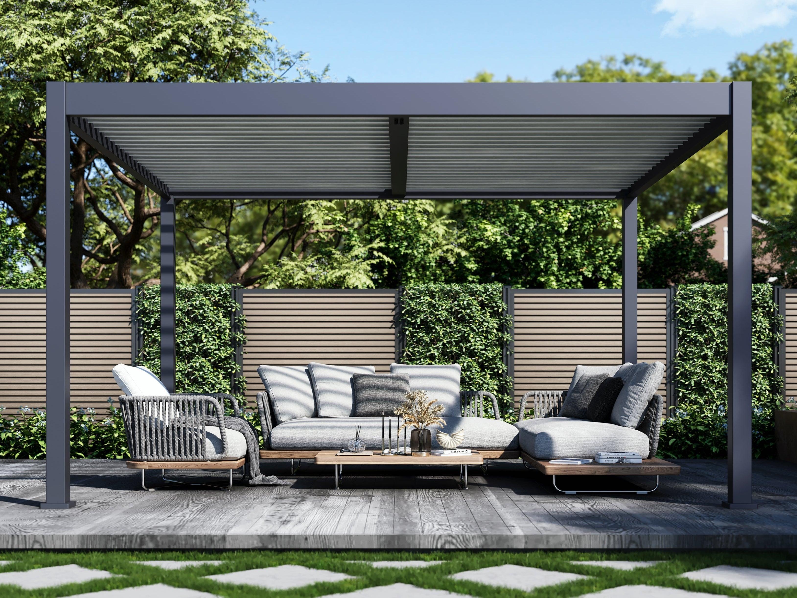 Suprema louvered pergola in the two-tone Slate Gray frame with Light Gray louvers, shading a decked seating area