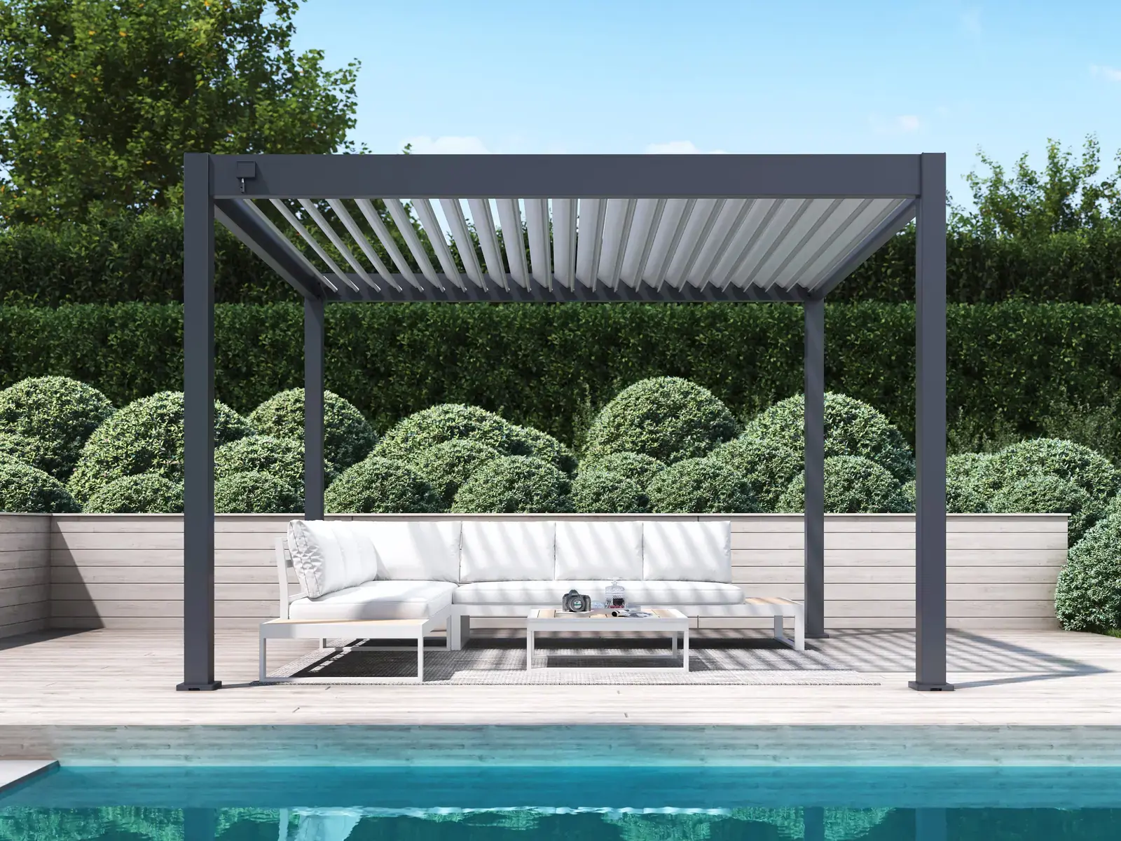 Paragon Outdoor Suprema Louvered Pergola 10 x 12 ft in Slate Gray frame / Light Gray louvers