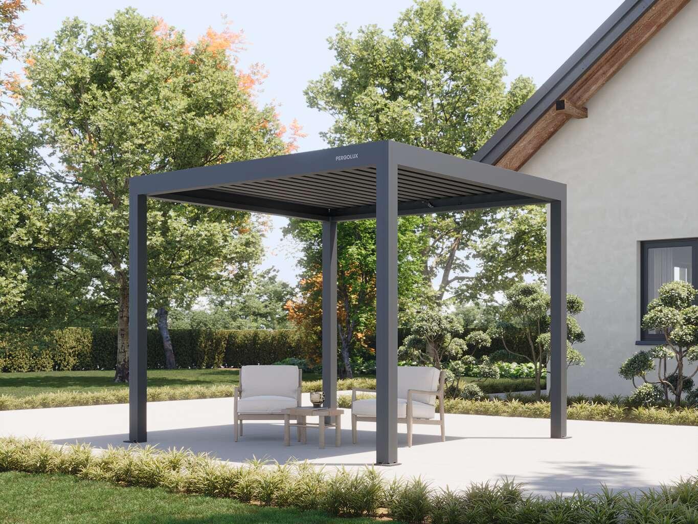 PERGOLUX Pergola 4 manual louvered pergola in anthracite, freestanding on a garden patio with two armchairs