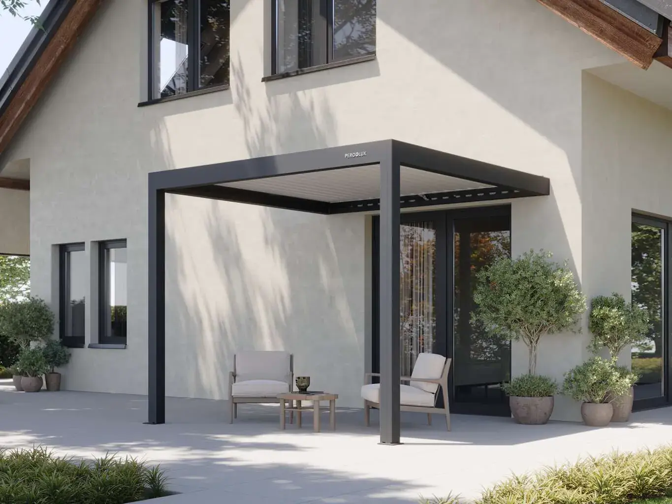 PergoLux Pergola 4 Manual Louvered Pergola 10 x 10 ft in Anthracite with white louvers