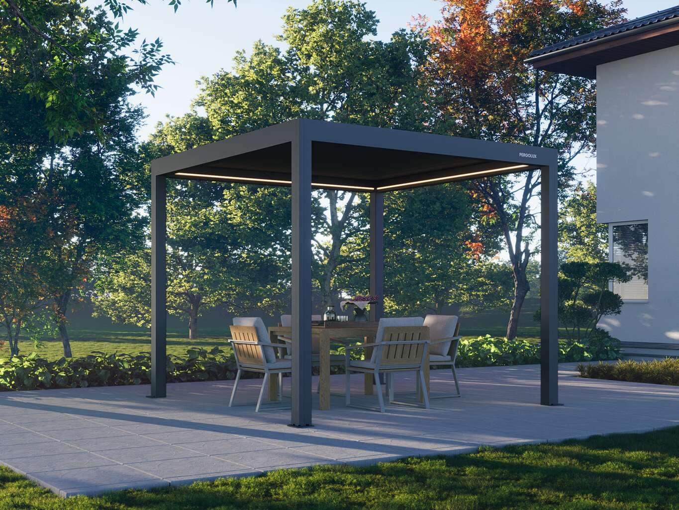 PergoLux Pergola 4 Pro motorized louvered pergola in anthracite, freestanding on a garden patio over a dining table