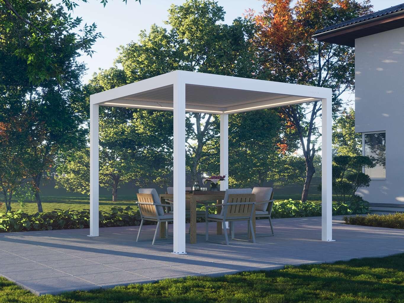 PERGOLUX Pergola 4 Pro motorized louvered pergola in white, freestanding on a garden patio over a dining table