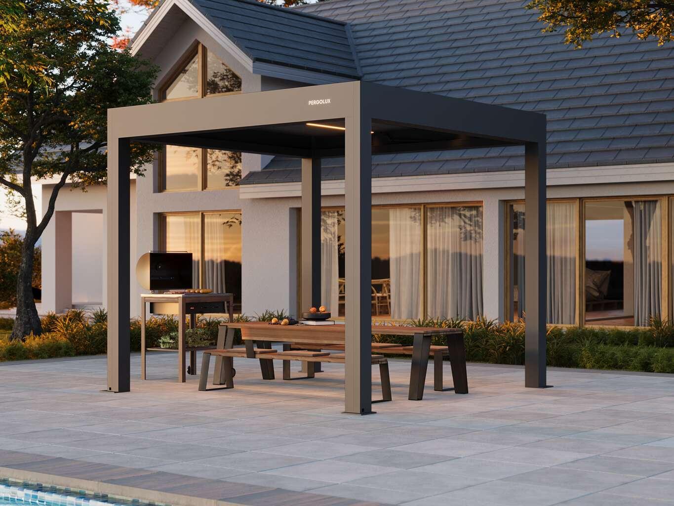 PERGOLUX Pergola 4 Pro Max motorized louvered pergola in anthracite, freestanding beside a pool over an outdoor dining table