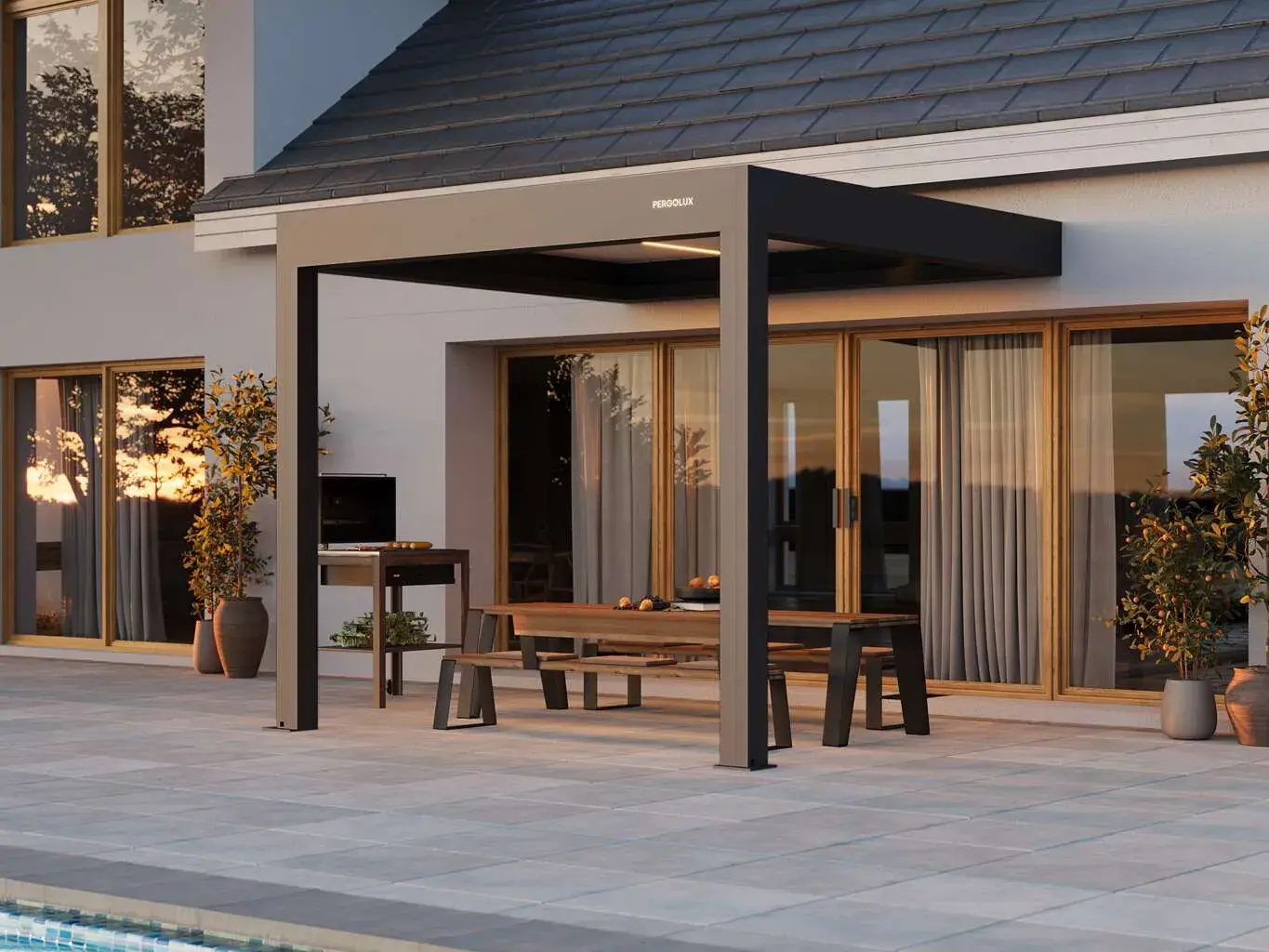 PergoLux Pergola 4 Pro Max Premium Motorized Louvered Pergola 10 x 10 ft in Anthracite with white louvers