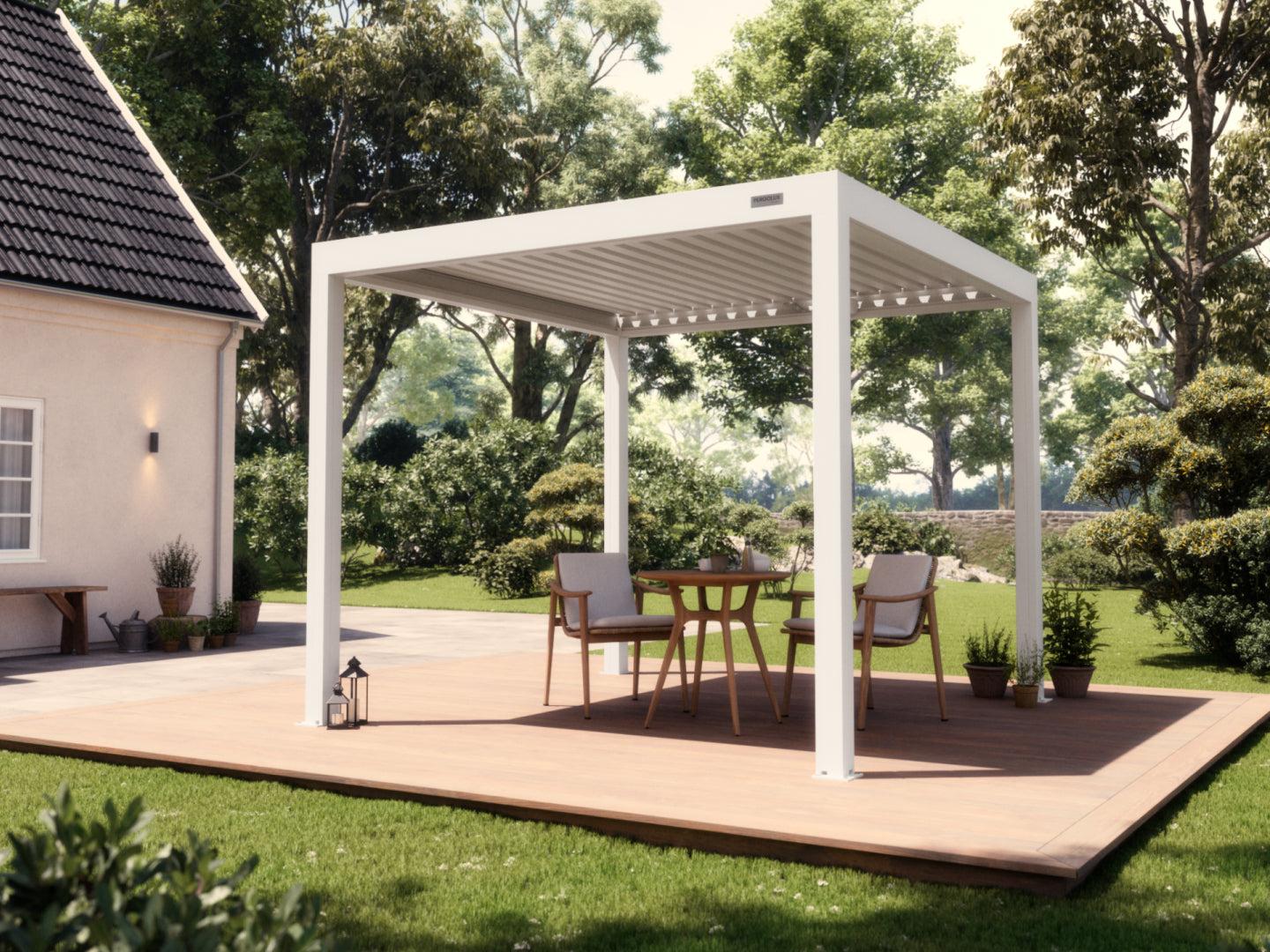 PERGOLUX Standard S3 louvered pergola in white, freestanding on a timber deck in a garden