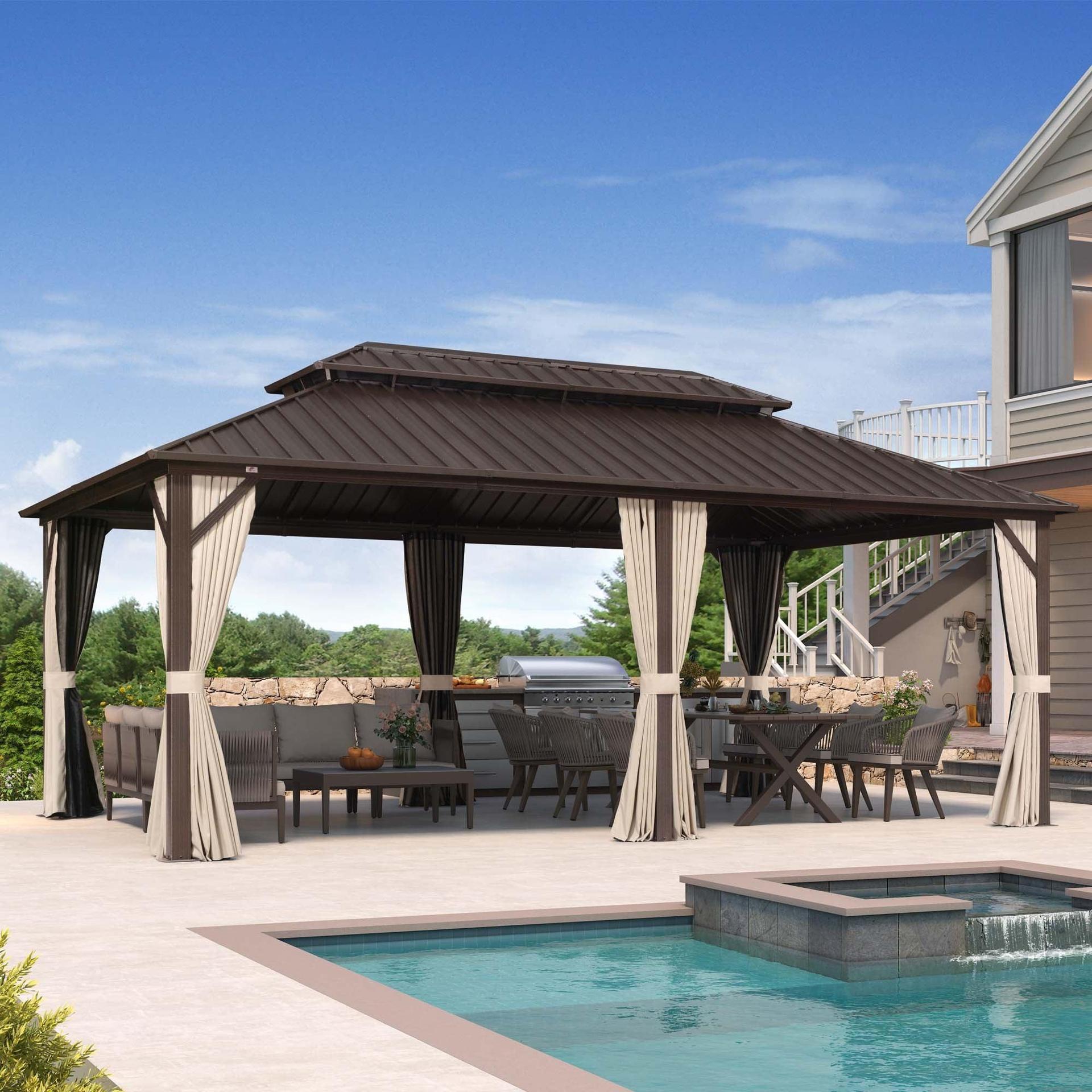Bronze hardtop gazebo beside a pool with a large dining table underneath