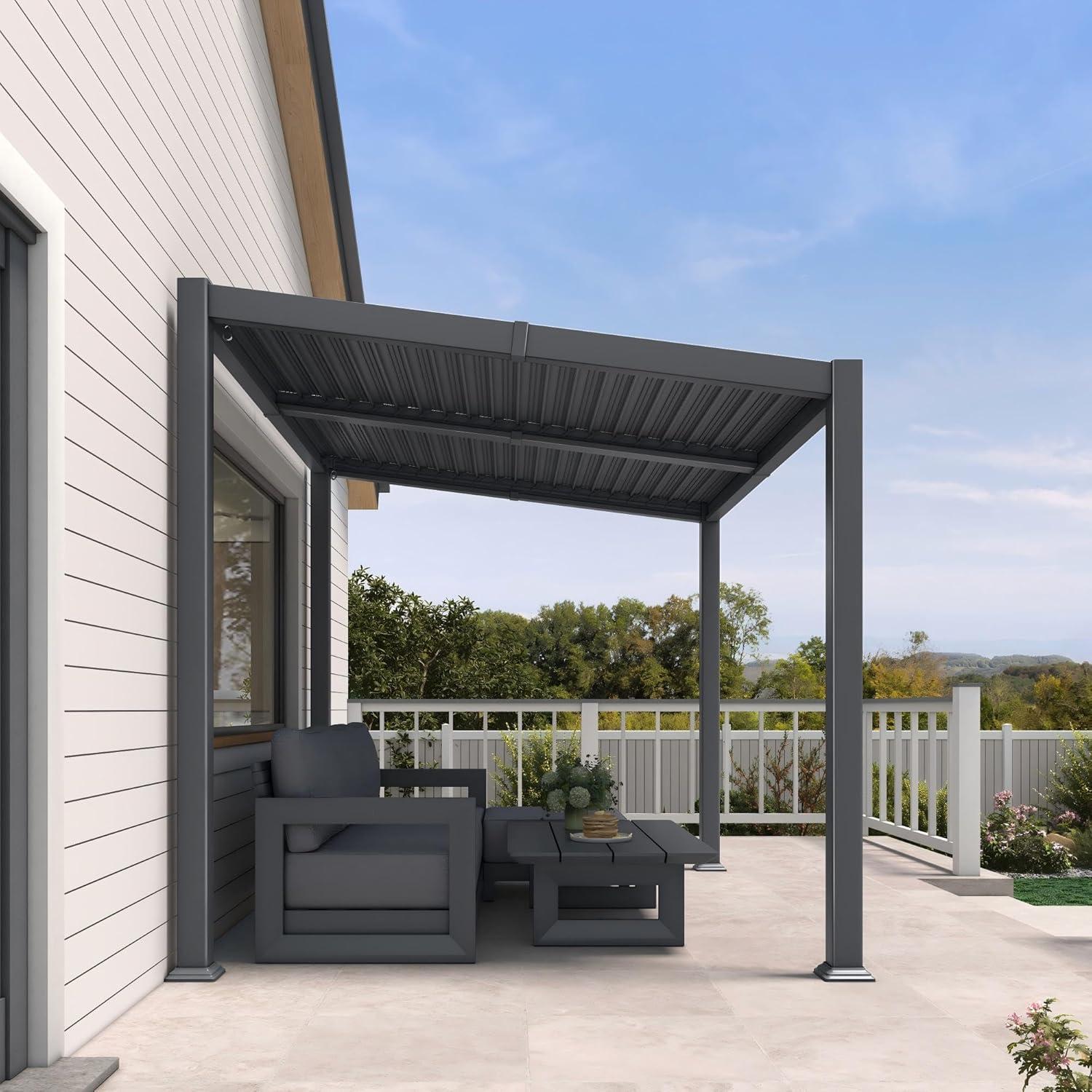 PURPLE LEAF Caesar slanted-roof louvered pergola in grey aluminium, freestanding on a patio beside a white timber house