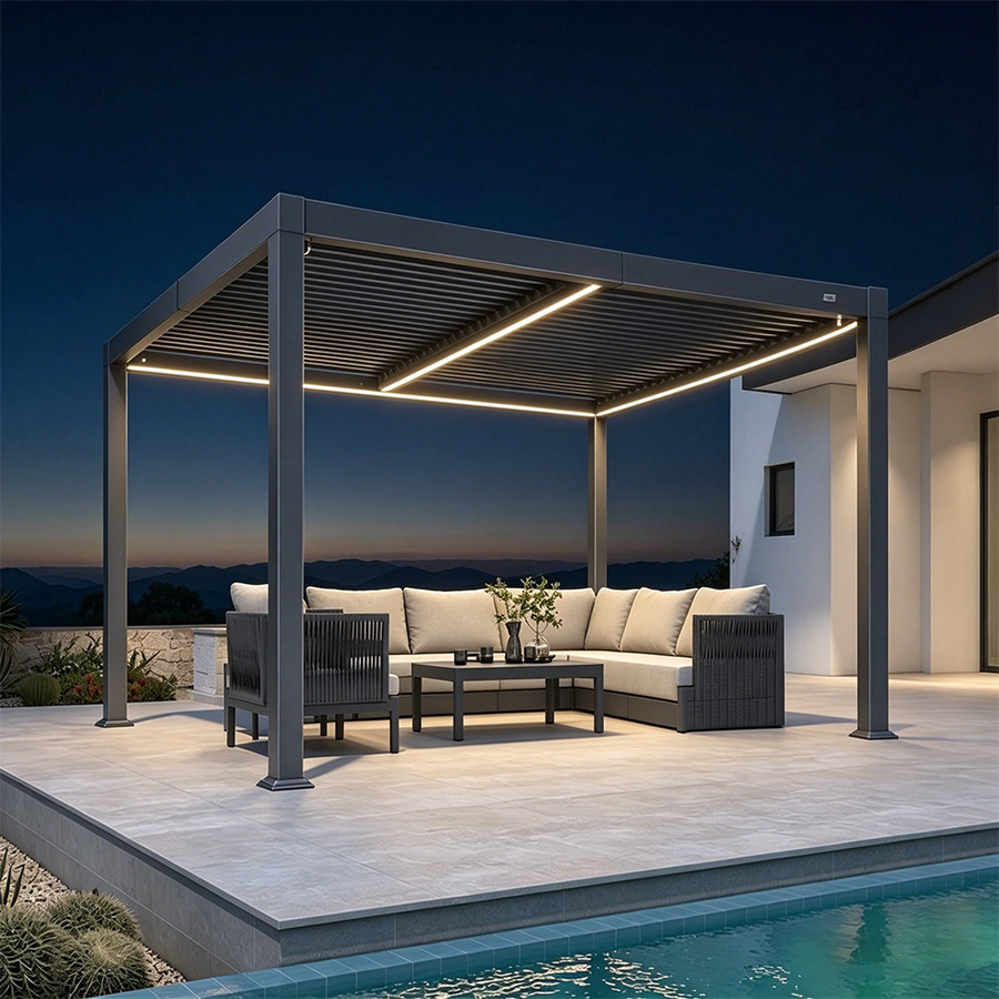 PURPLE LEAF Caesar Solar LED louvered pergola in grey, integrated strip lights lit at dusk over a poolside sofa set
