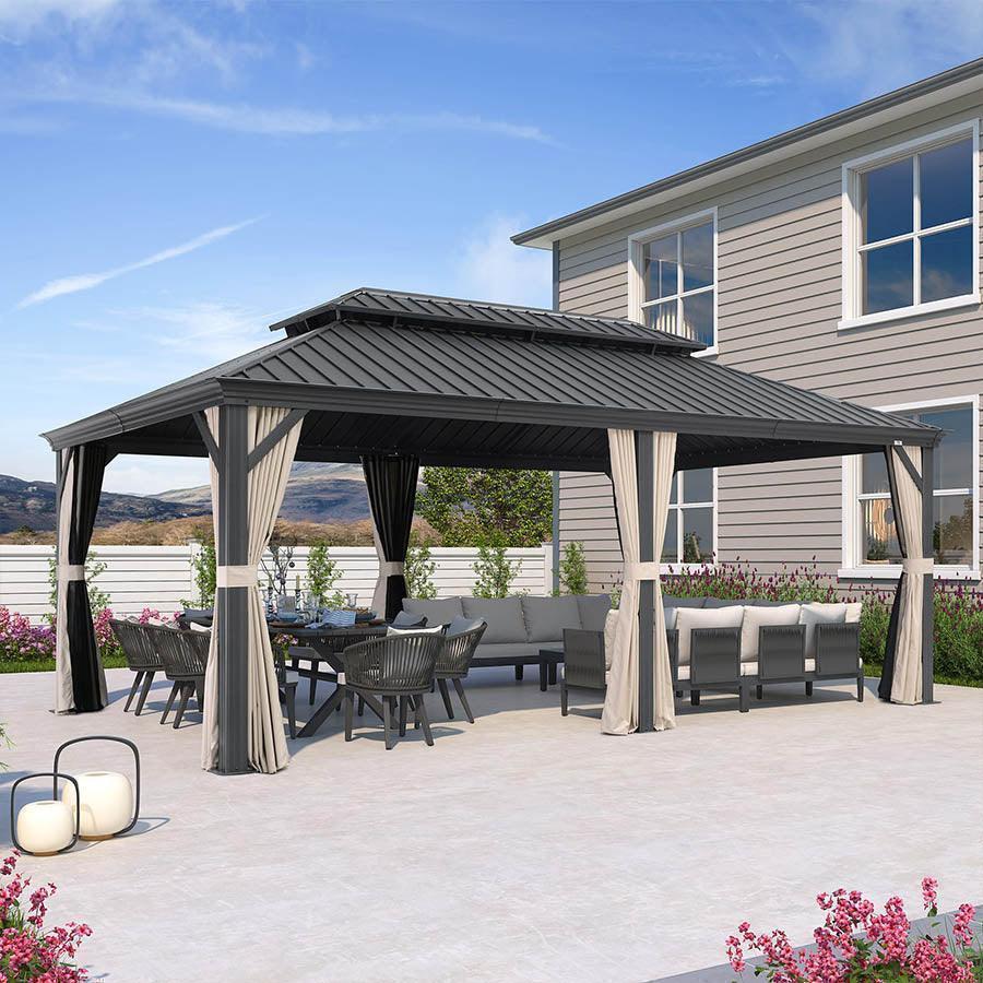 Grey-frame hardtop gazebo with an outdoor dining set under the double roof