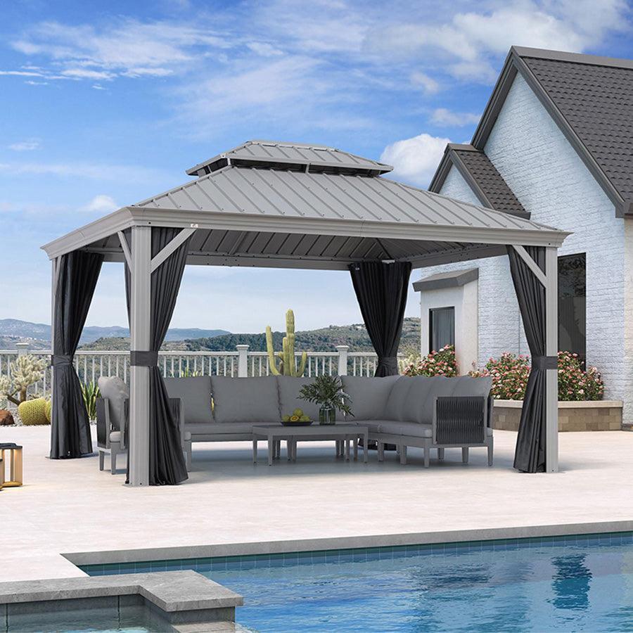 Light grey hardtop gazebo with dark curtains next to a pool and a patio sofa set