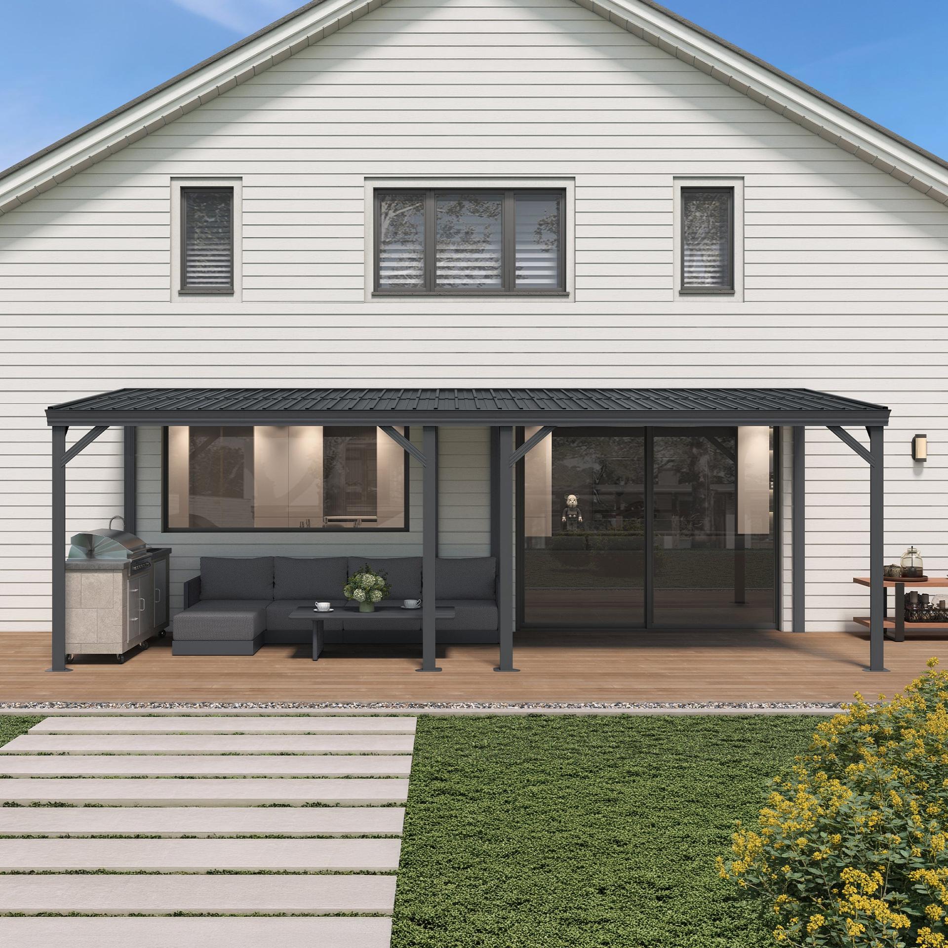 Lean-to gazebo attached to the rear of a house over a patio seating area