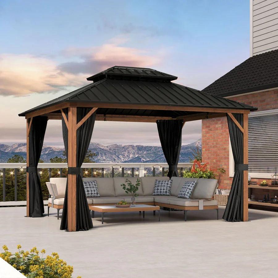 Wood-grain frame gazebo at sunset with a sectional sofa under the roof