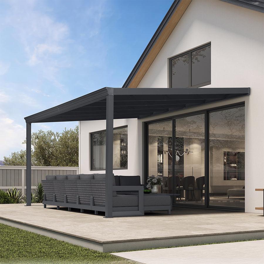 Wall mounted gazebo with a sloped dark roof beside sliding glass doors