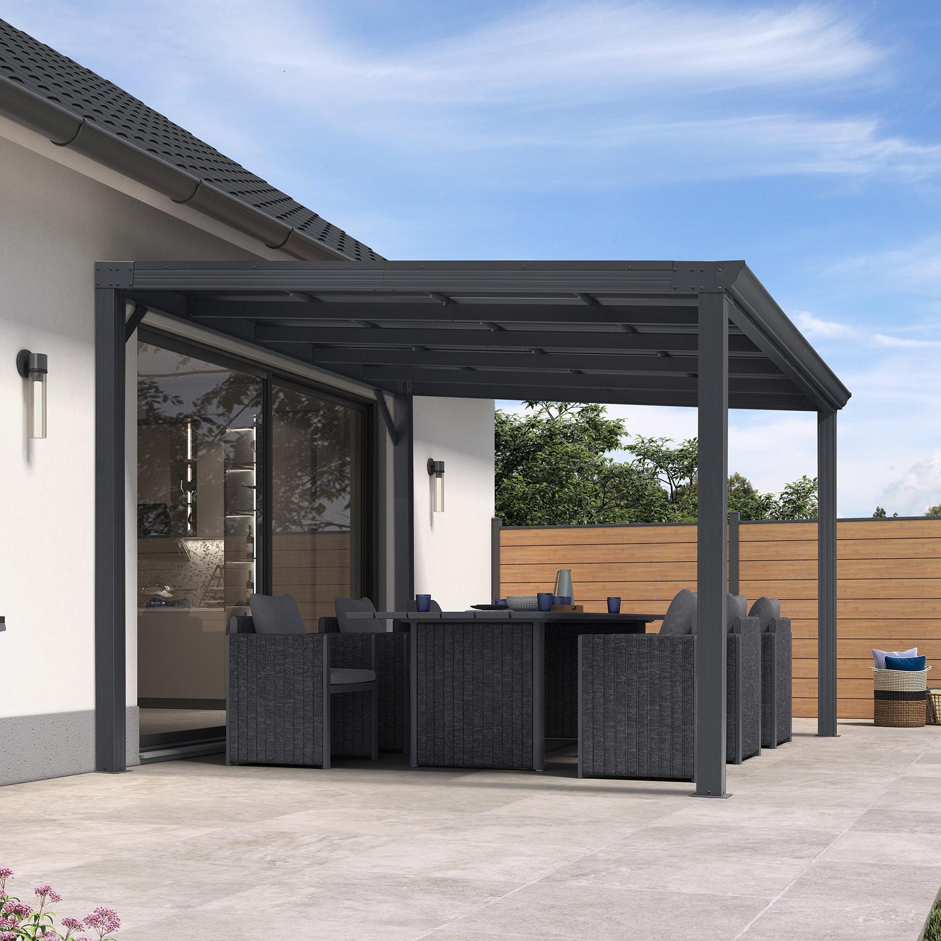 Purple Leaf premium wall-mounted lean-to gazebo with a galvanized steel roof over an outdoor dining set