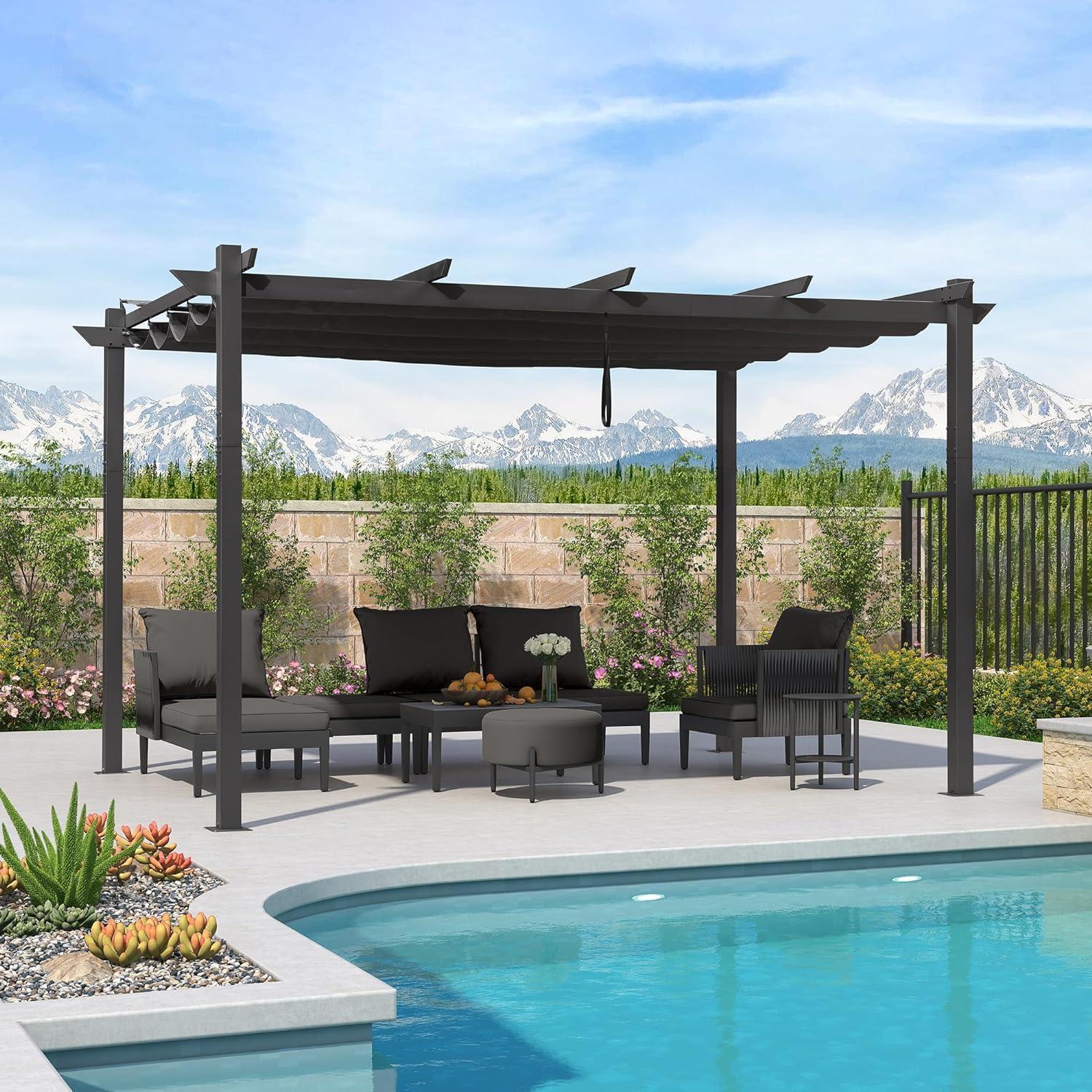 PURPLE LEAF retractable canopy pergola with a dark grey aluminium frame and grey sliding fabric canopy beside a swimming pool