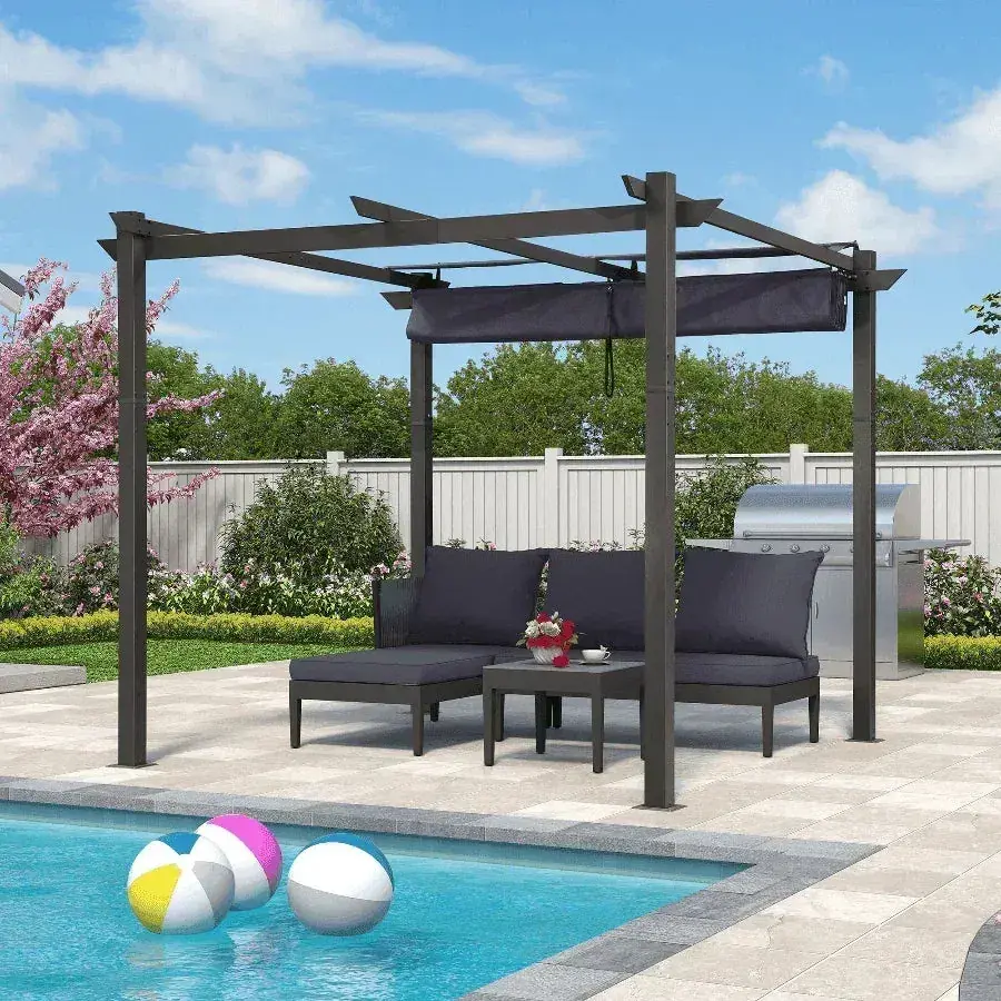 Purple Leaf Outdoor Retractable Pergola with Sun Shade Canopy 10 x 10 ft in Navy Blue