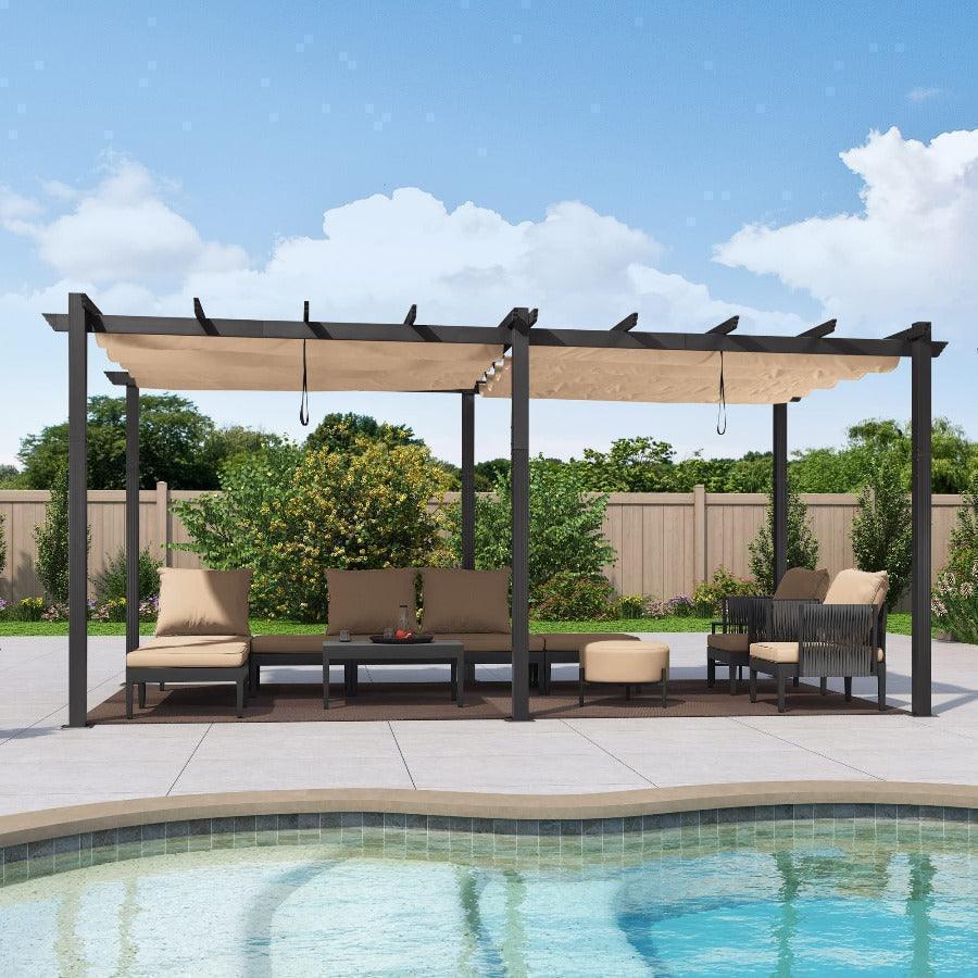 PURPLE LEAF retractable canopy pergola with a dark grey aluminium frame and beige sliding canopy beside a garden pool