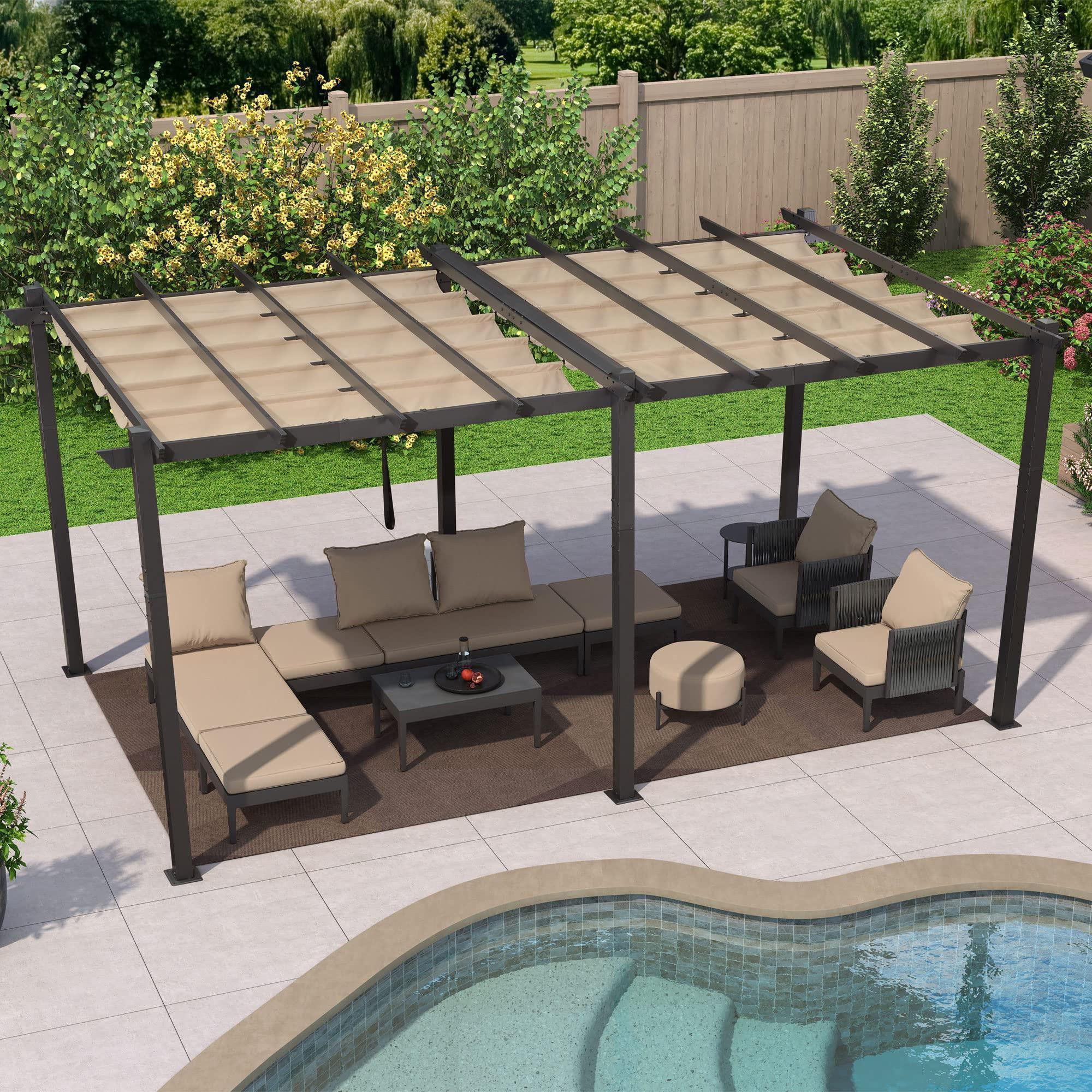 Large PURPLE LEAF retractable canopy pergola in grey with a beige canopy seen from above over a patio lounge set