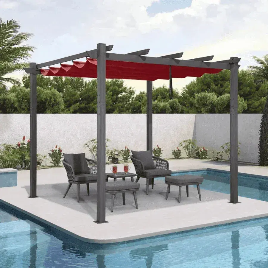 Purple Leaf Outdoor Pergola with Retractable Canopy Aluminum Shelter 10 x 10 ft in Red