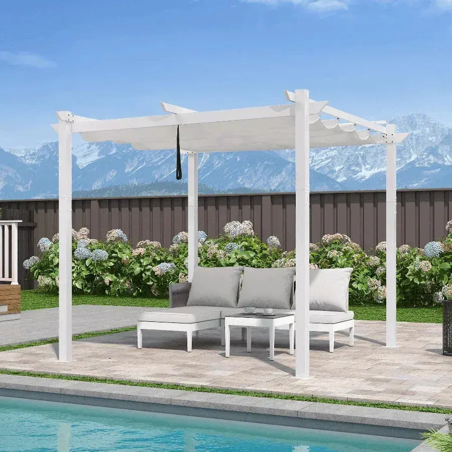 Purple Leaf Outdoor Retractable Pergola with Double Sun Shade Canopy 10 x 10 ft in White frame / White canopy