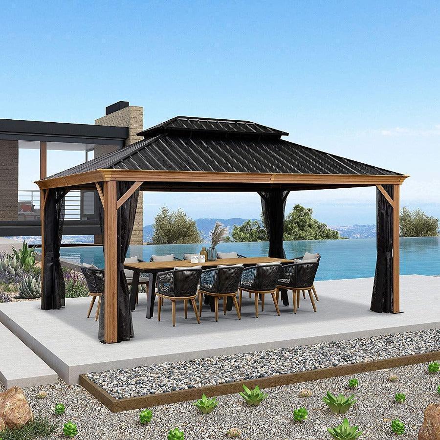 Wood-grain hardtop gazebo beside a pool with a long dining table underneath