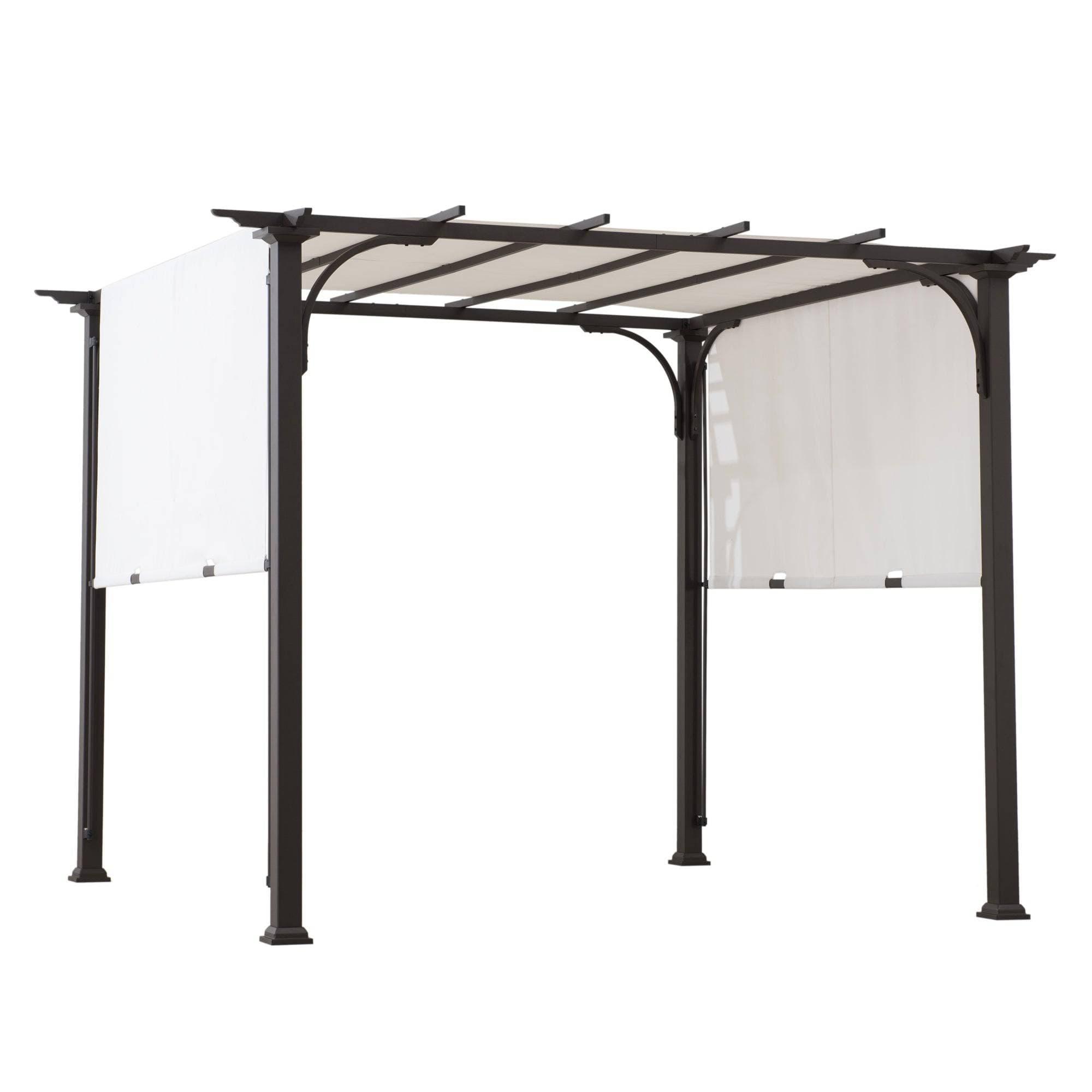 Sunjoy 10x10 pergola with brown powder-coated steel frame and white adjustable fabric canopy, studio view