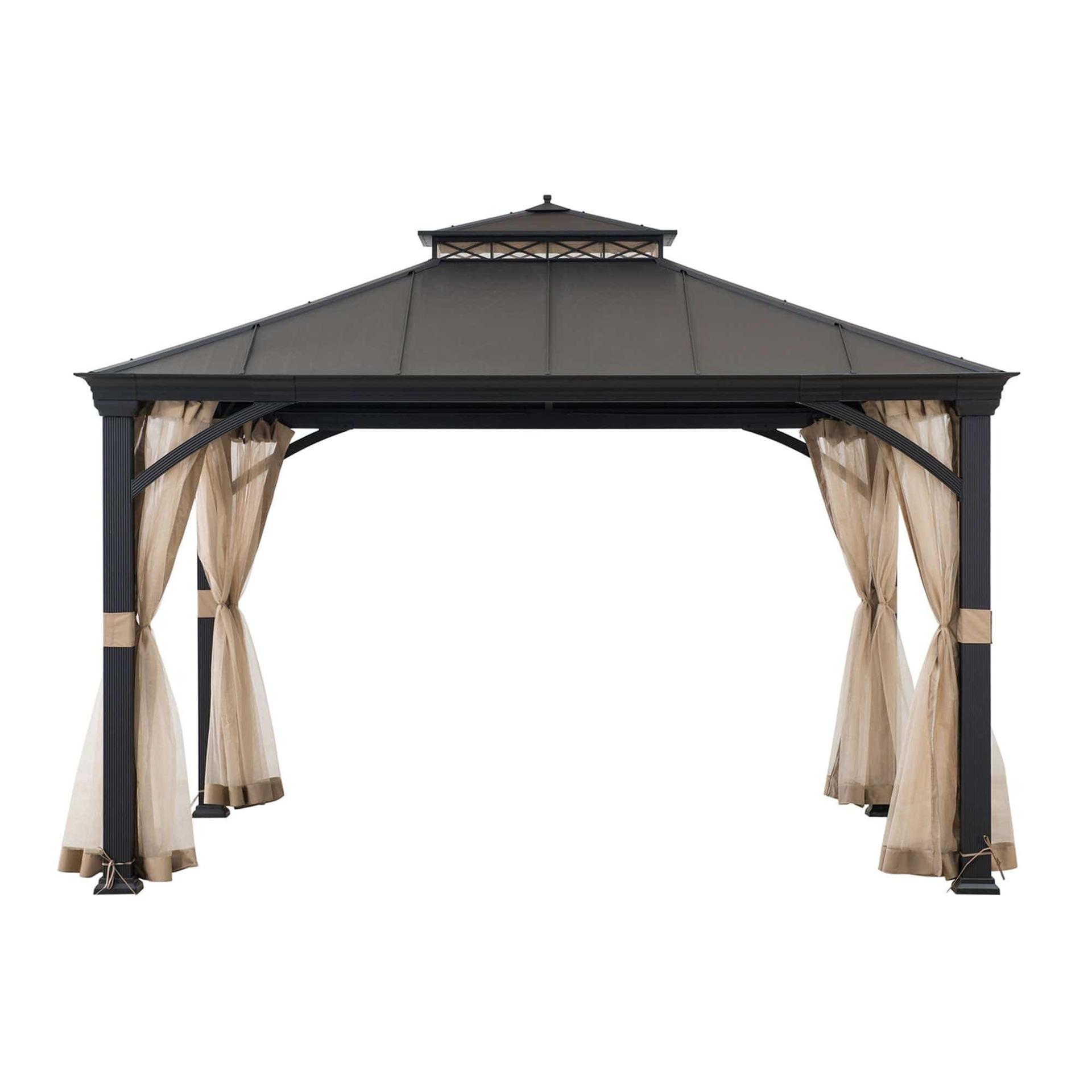 Sunjoy 11x13 aluminum-frame metal gazebo, studio view of the two-tier steel hardtop roof on a black aluminium frame with netting gathered at each post