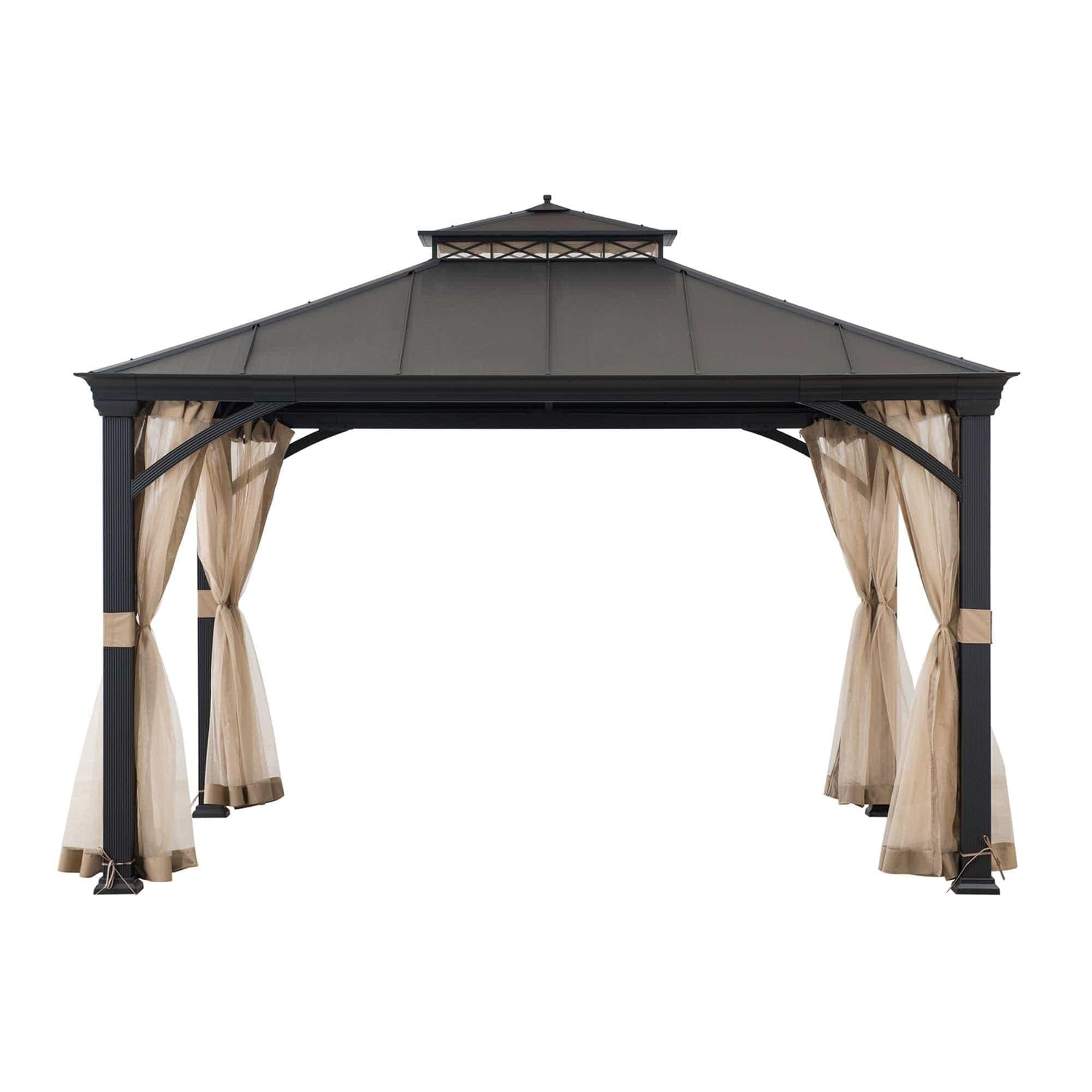 Sunjoy 11x13 aluminum-frame metal gazebo, studio view of the two-tier steel hardtop roof on a black aluminium frame with netting gathered at each post