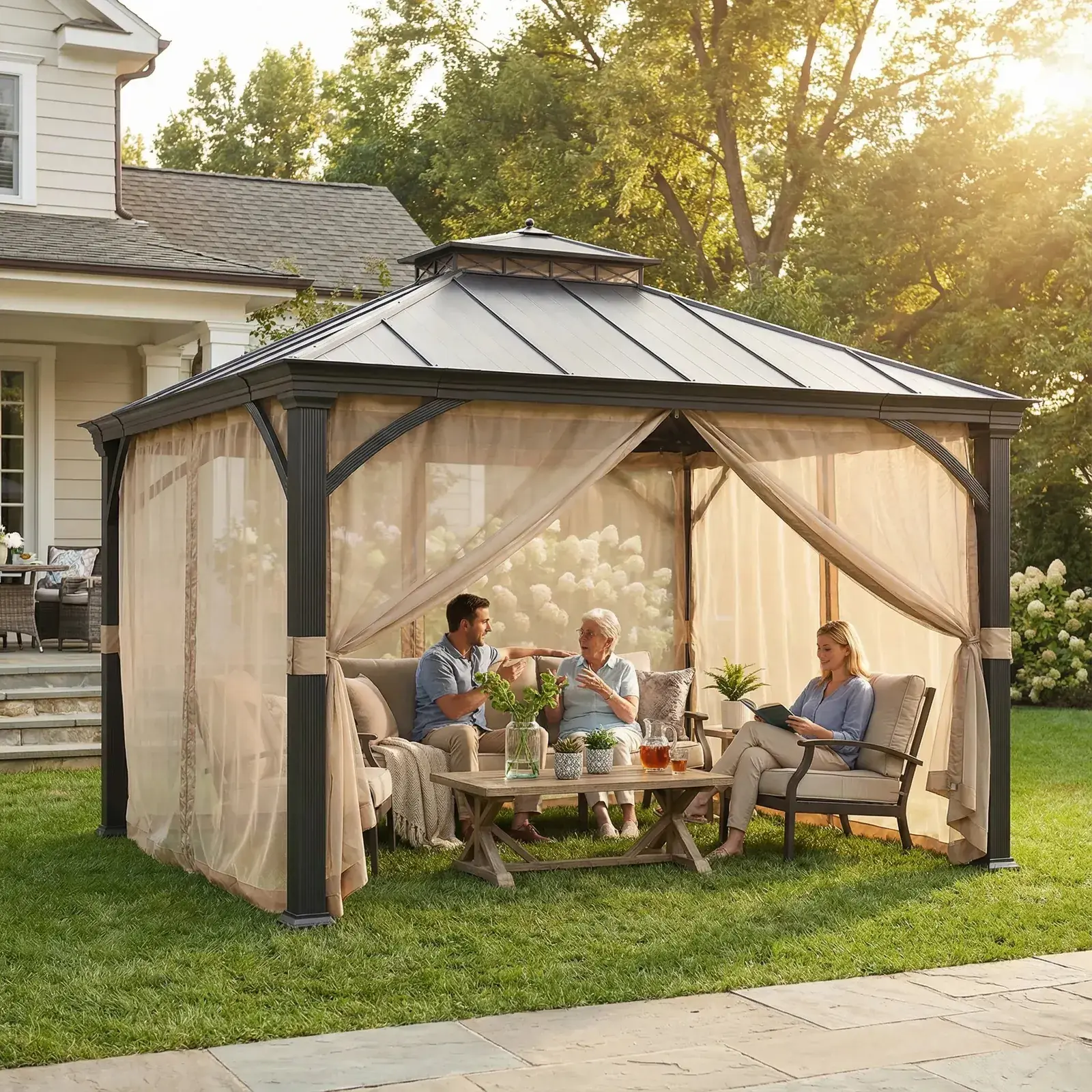 Sunjoy 11x13 aluminum-frame metal gazebo on a lawn with three people seated around a table beneath the netting