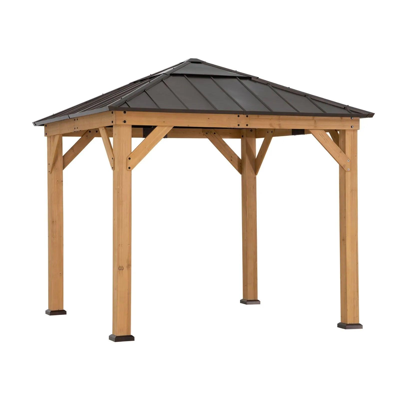 Sunjoy Antrim Skylight Cedar gazebo 9x9 in natural cedar, studio view of four wooden posts with corner braces under a dark single-tier steel hip roof