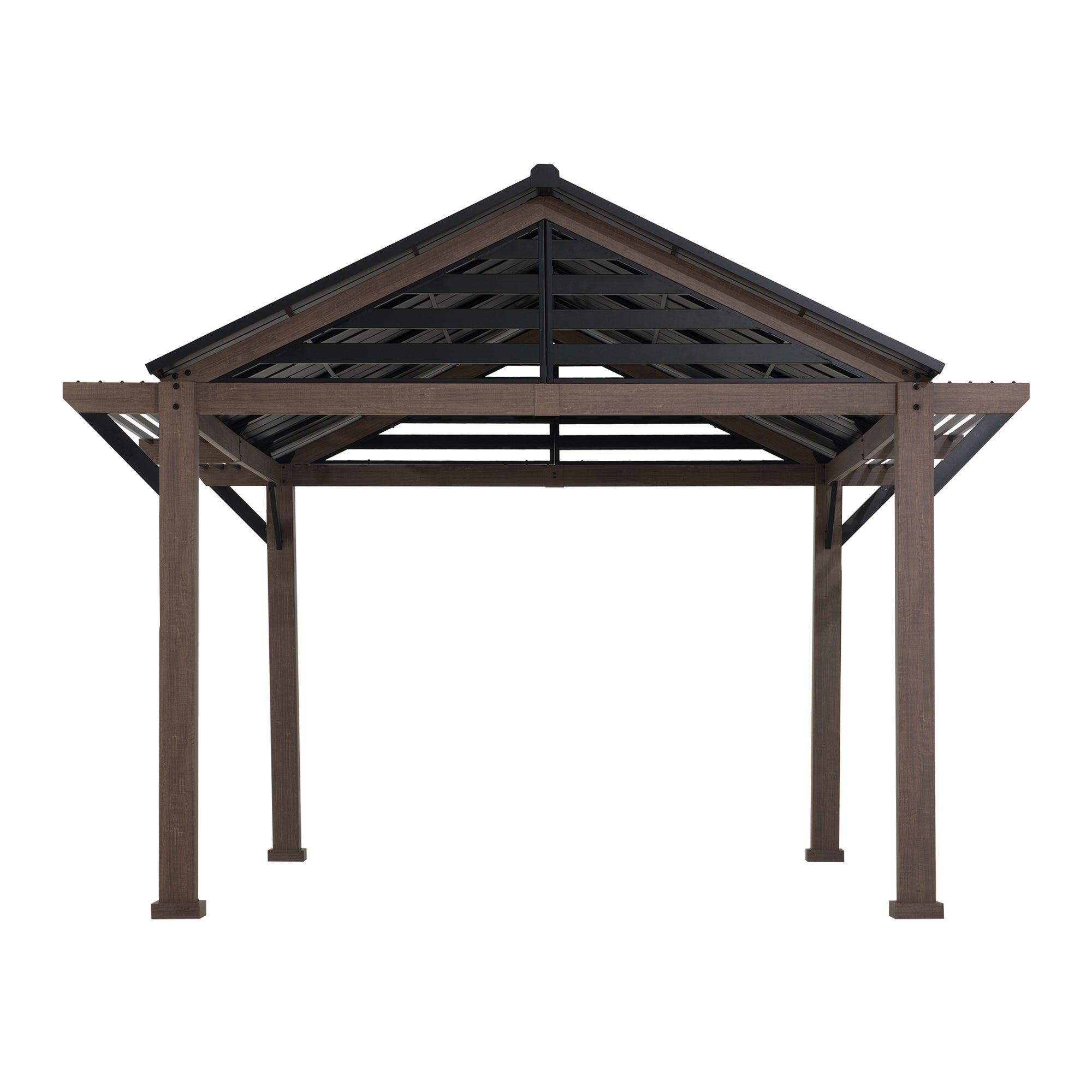 Sunjoy Apex 13x13 gazebo, studio view of the A-frame gable steel roof with slatted gable accents on four woodgrain-finish posts