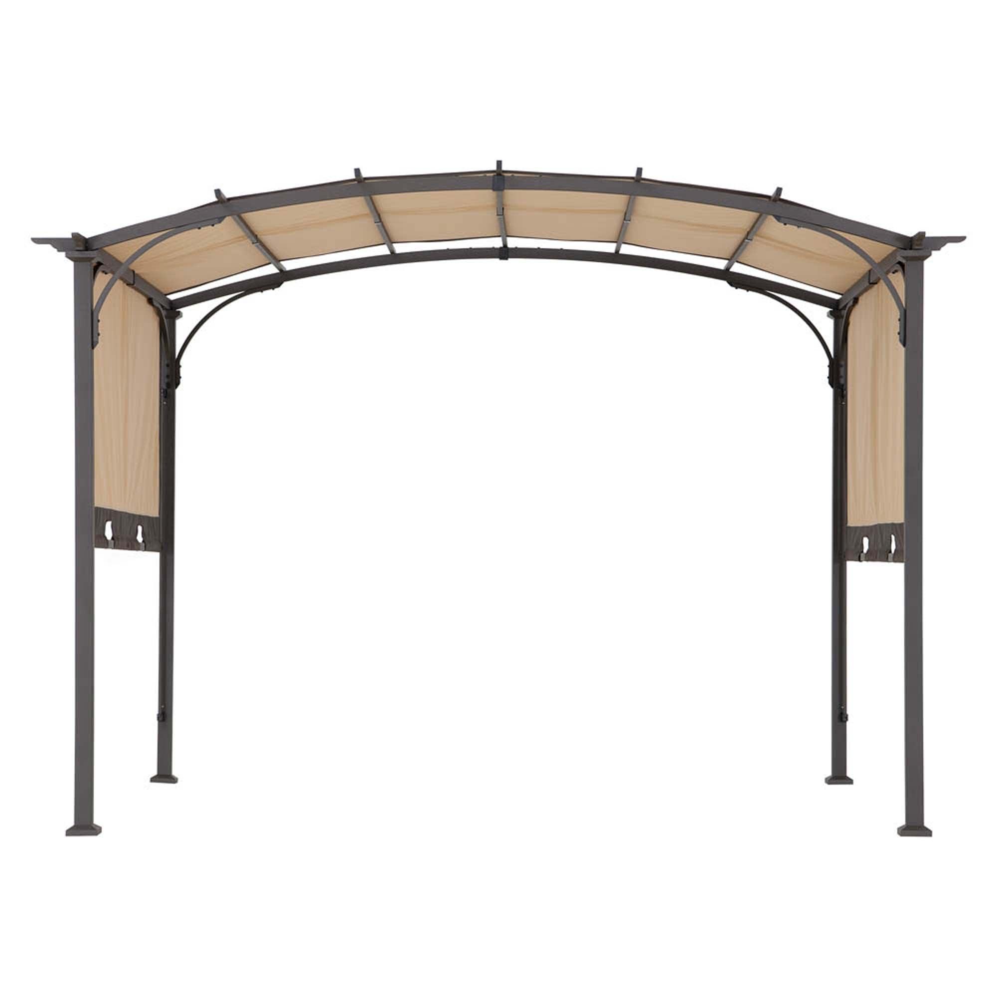 Sunjoy Arcadia Adjustable Arched pergola with dark powder-coated steel frame and beige track-guided canopy, studio view