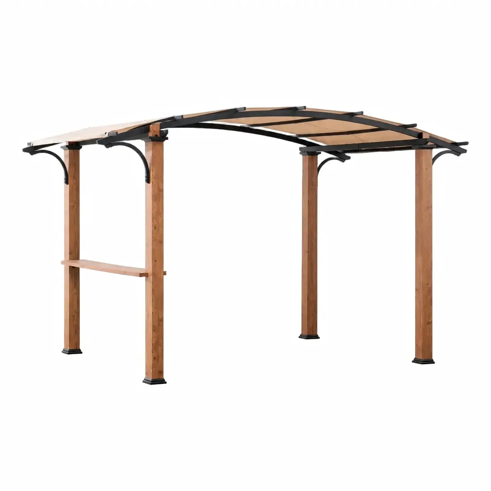 Sunjoy Arcadia Arched Canopy pergola with cedar-look steel posts, black arched braces, tan canopy and a built-in bar shelf
