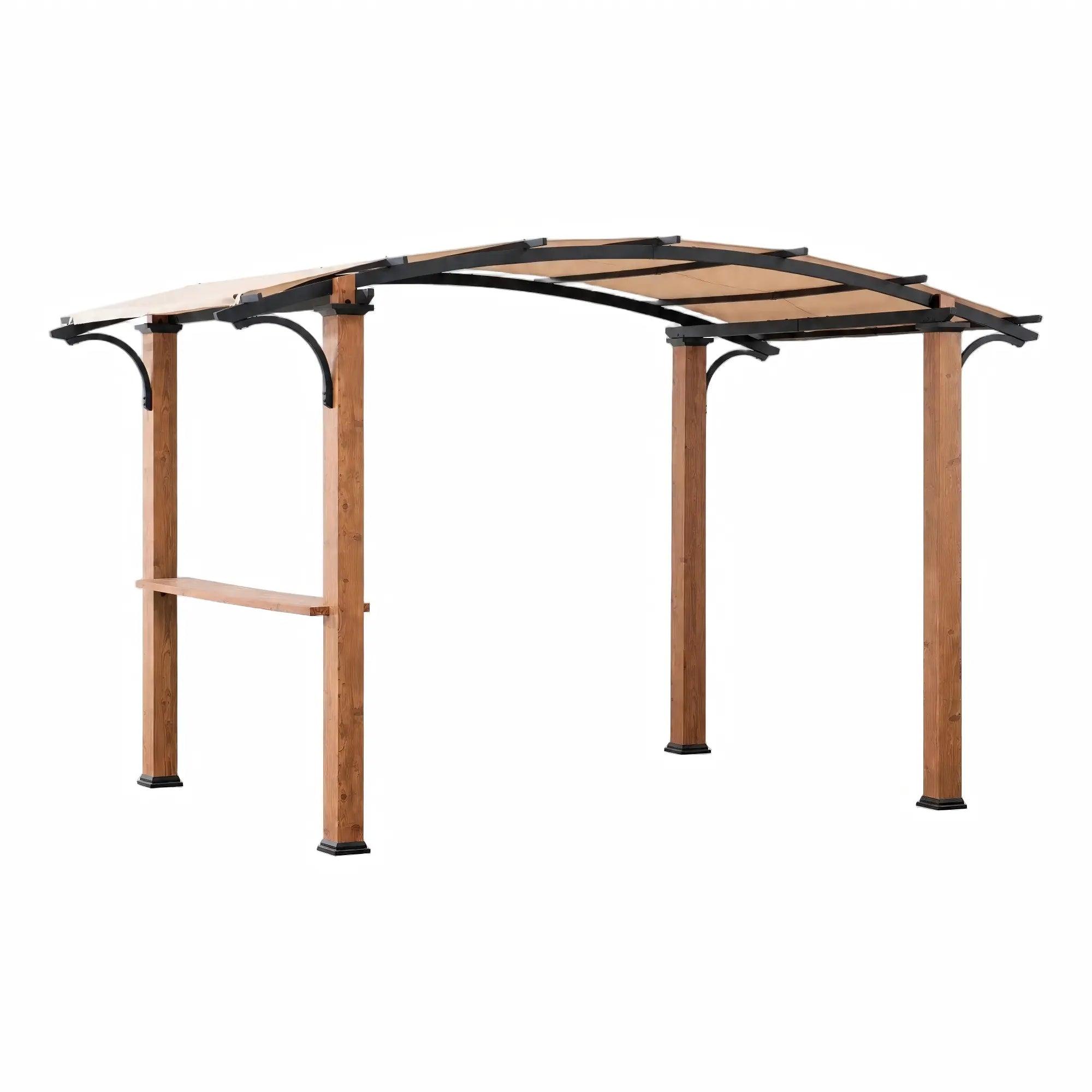 Sunjoy Arcadia Arched Canopy pergola with cedar-look steel posts, black arched braces, tan canopy and a built-in bar shelf