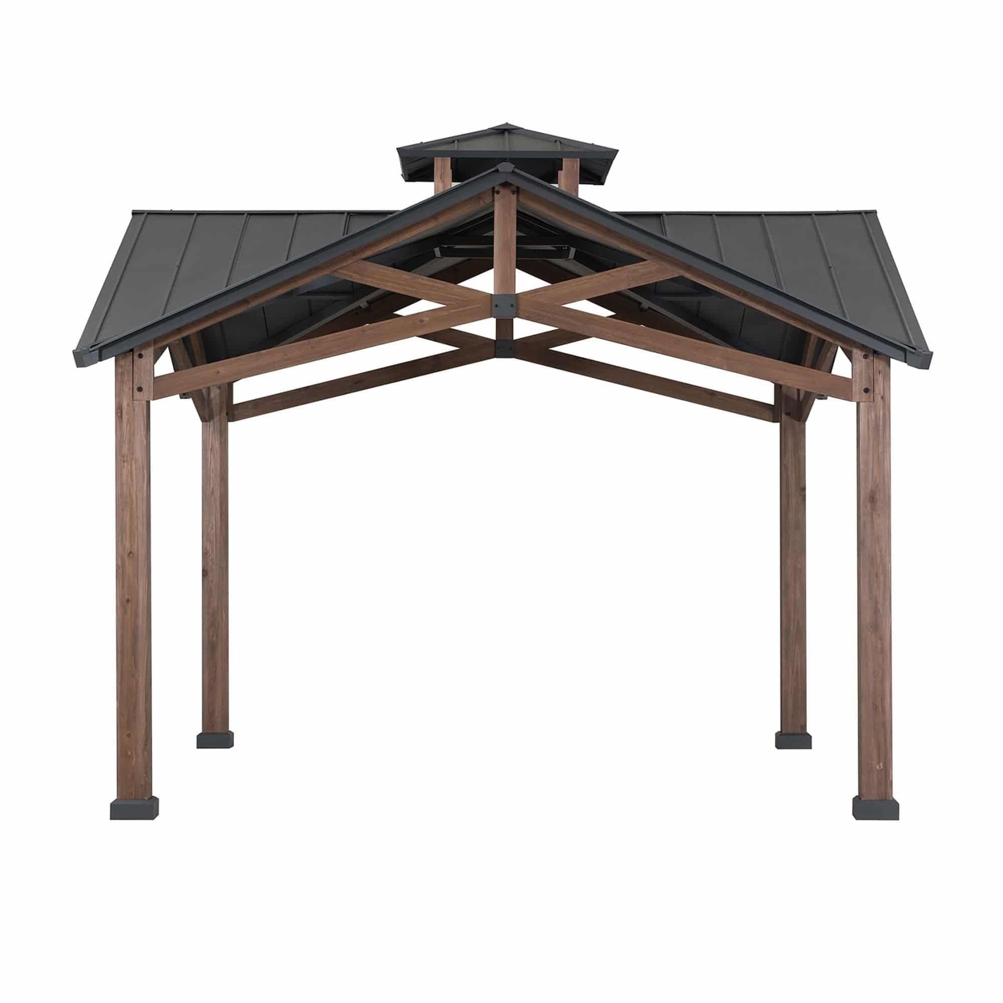 Sunjoy Bella 12.5x12.5 wooden-frame hardtop gazebo, studio view of the four-sided gable steel roof with a raised cupola on four timber posts