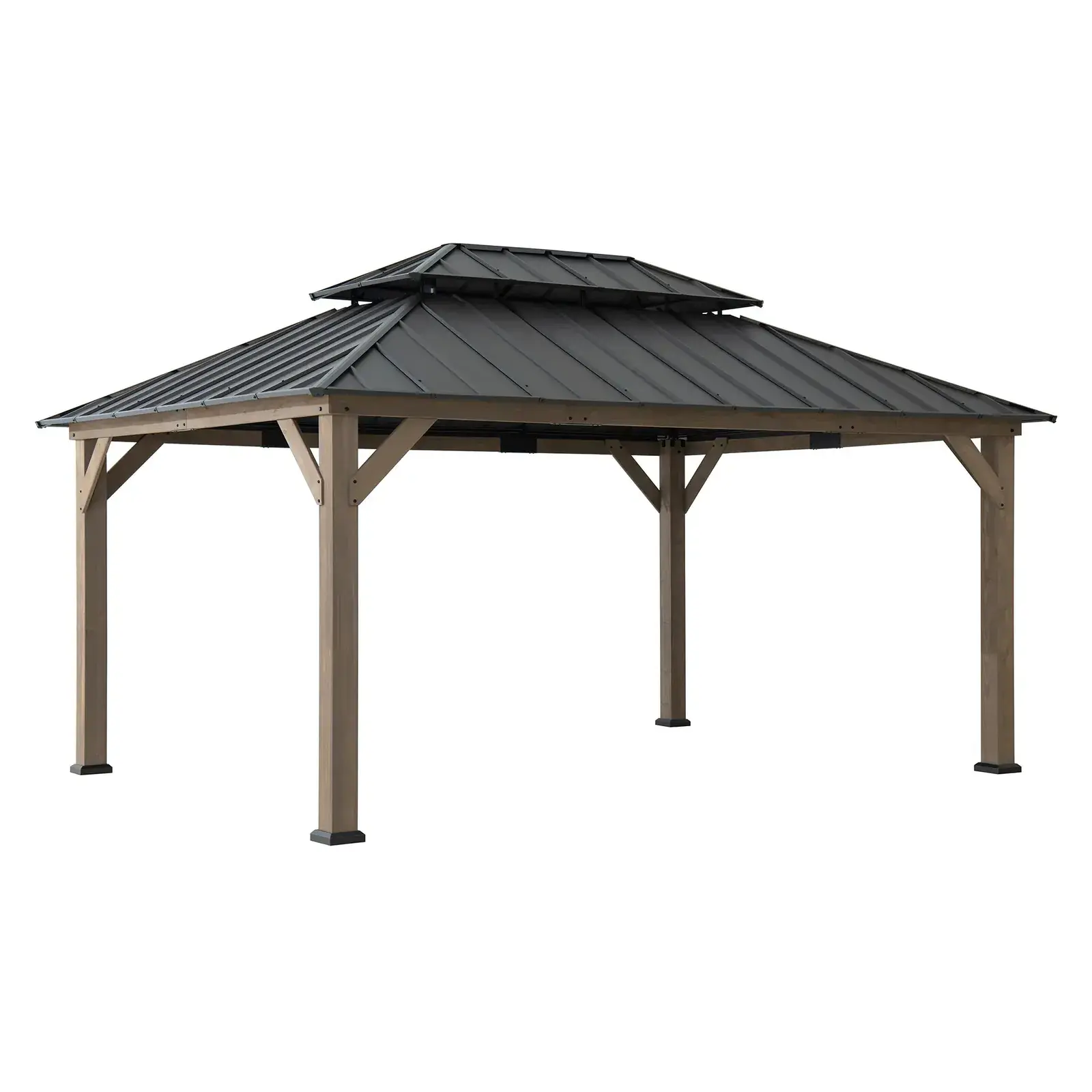 Sunjoy Cedar Frame 12x16 gazebo in weathered cedar, studio view of the two-tier brown steel roof on four timber posts