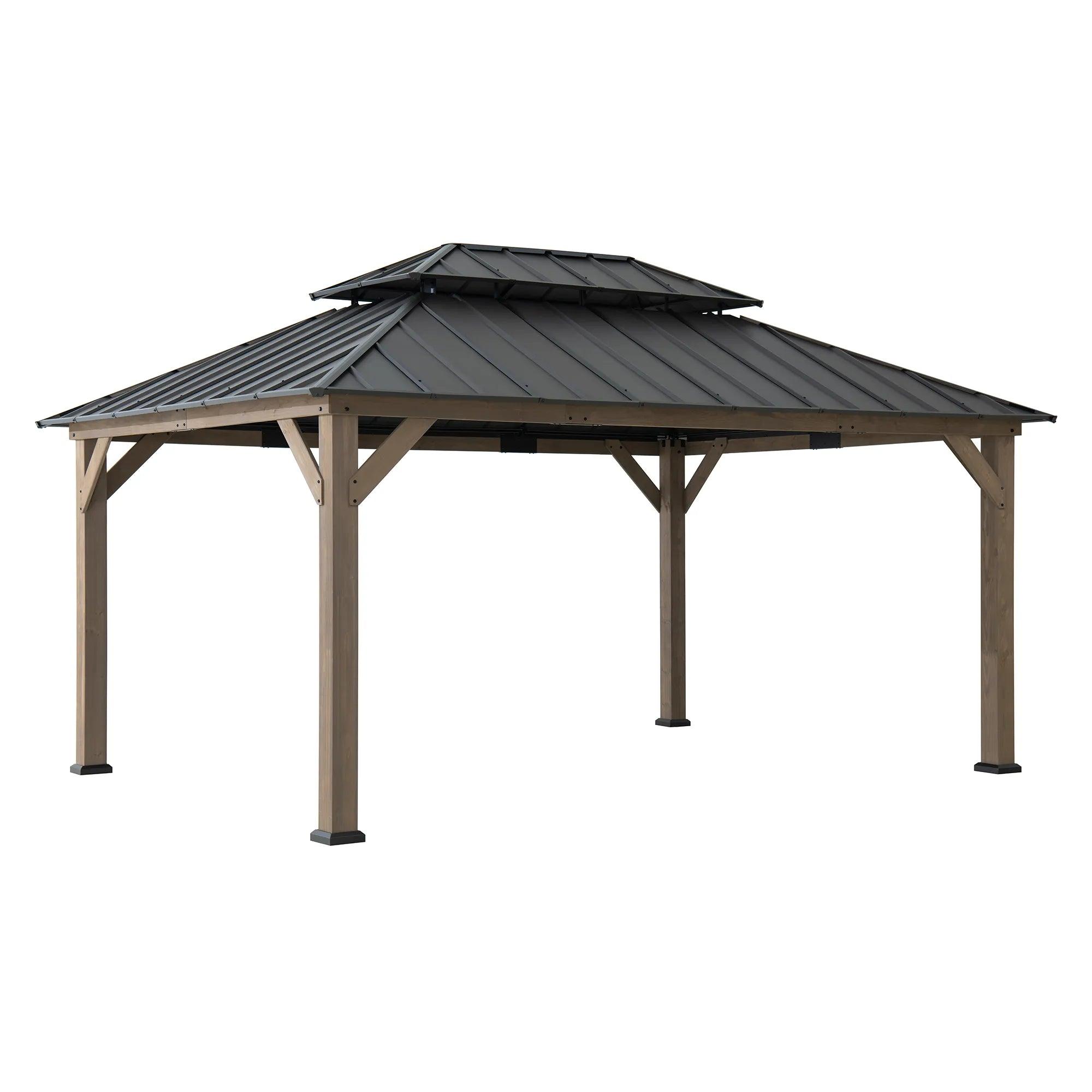 Sunjoy Cedar Frame 12x16 gazebo in weathered cedar, studio view of the two-tier brown steel roof on four timber posts