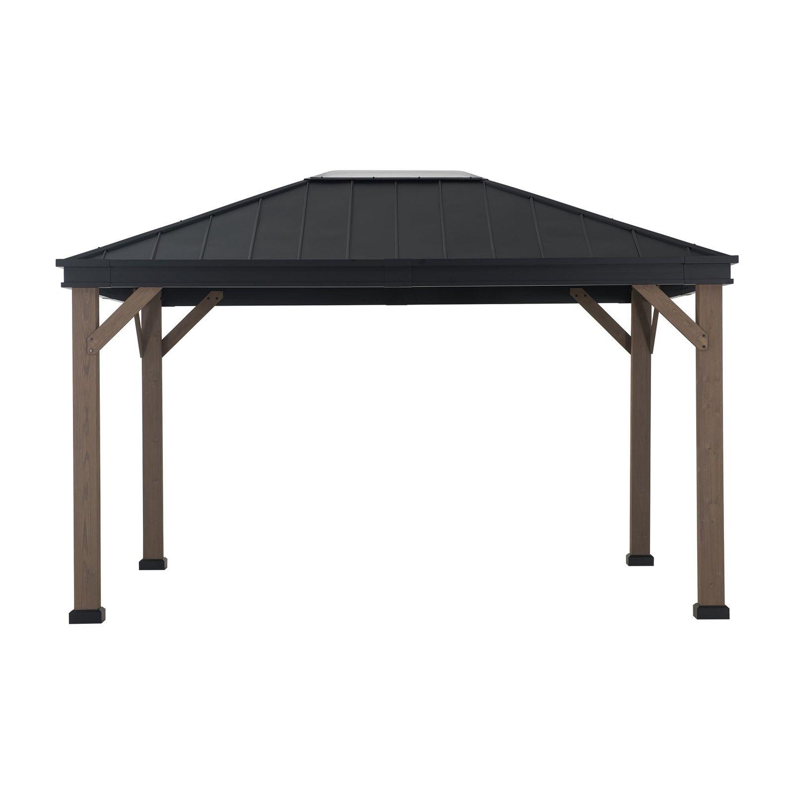 Sunjoy Cedarville 11x13 hardtop gazebo, studio view of the black steel hip roof on four wood-grain finish posts