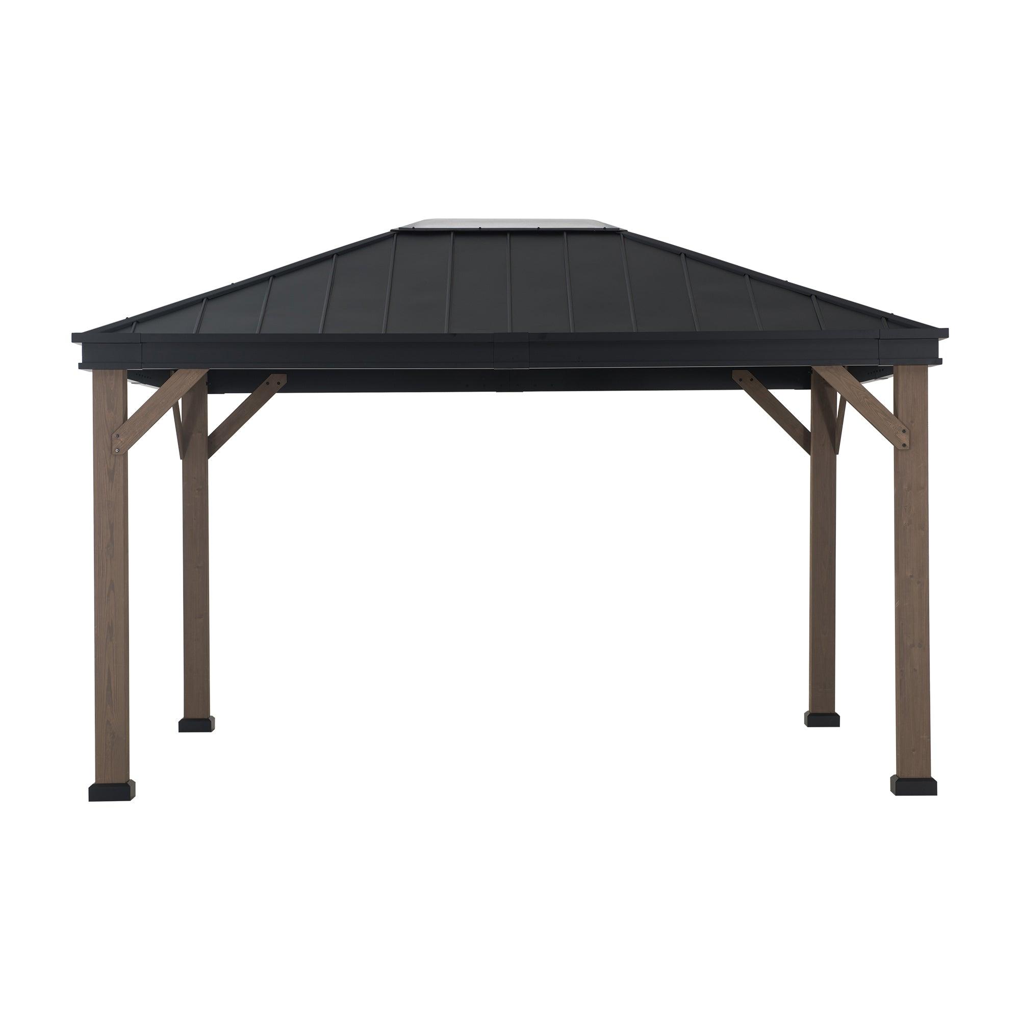 Sunjoy Cedarville 11x13 hardtop gazebo, studio view of the black steel hip roof on four wood-grain finish posts