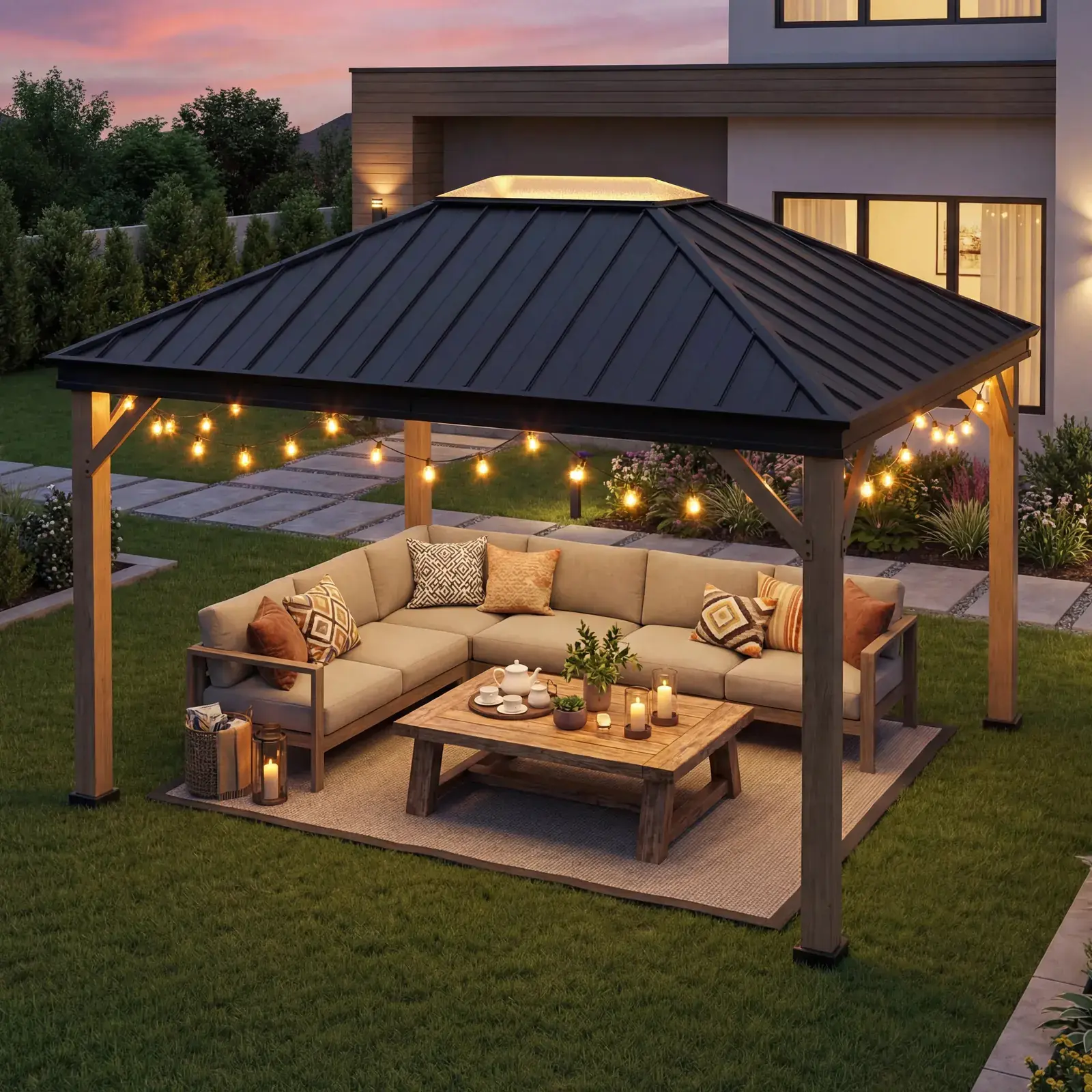 Sunjoy Cedarville 11x13 hardtop gazebo at dusk beside a modern house, sheltering a corner sofa under string lights