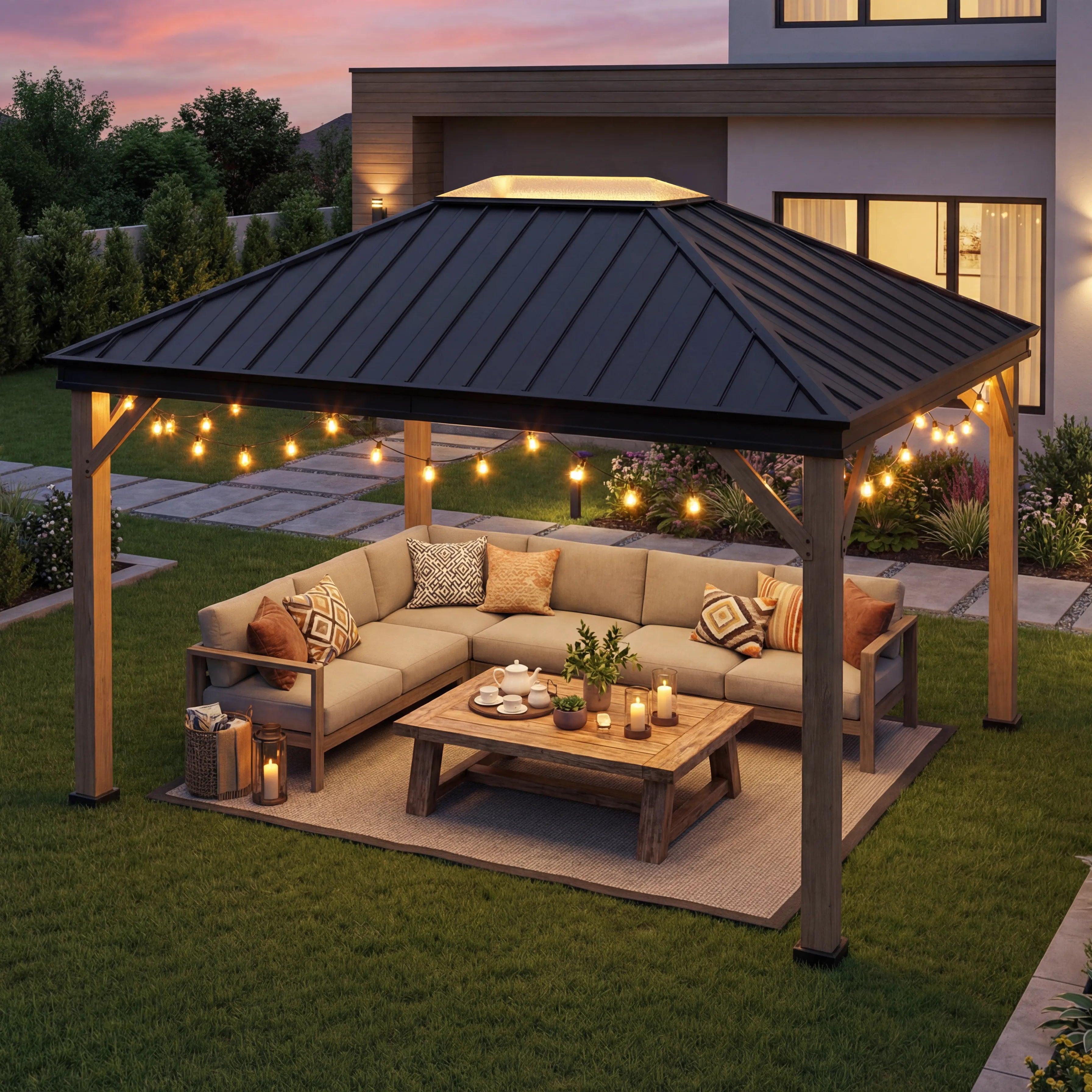 Sunjoy Cedarville 11x13 hardtop gazebo at dusk beside a modern house, sheltering a corner sofa under string lights