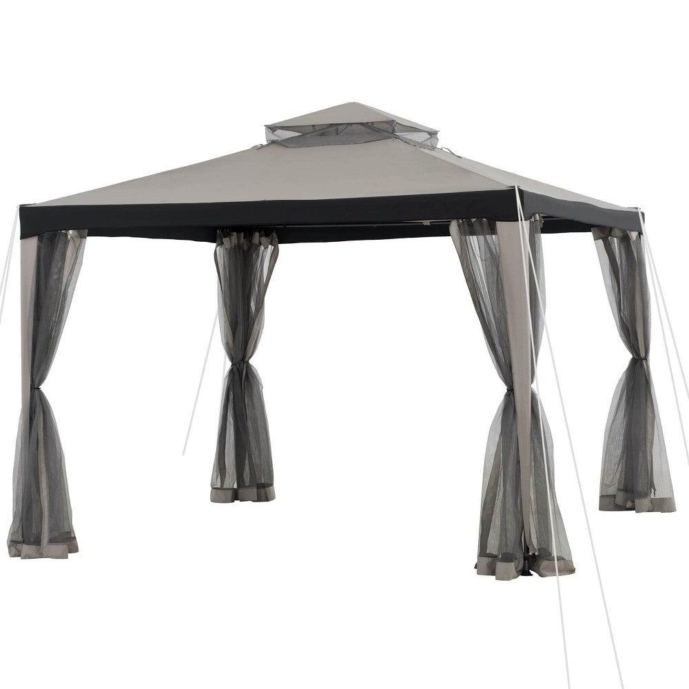Sunjoy Chatam 10x10 soft top gazebo, studio view of the grey two-tier fabric canopy on a dark steel frame with mosquito netting tied at each post