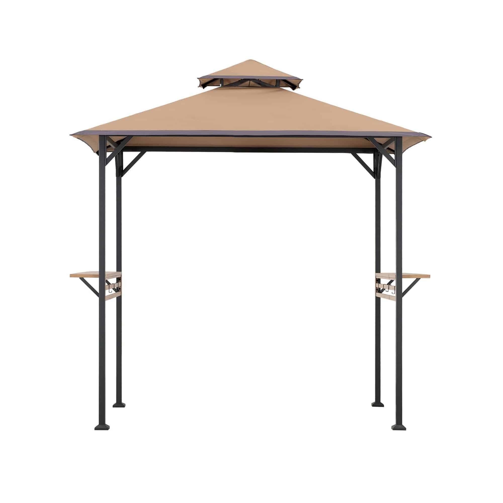 Sunjoy Classic Double-Roof Soft-Top Grill Station 5x8, studio view of the tan double-tier canopy on a black steel frame with woodgrain bar shelves on both sides