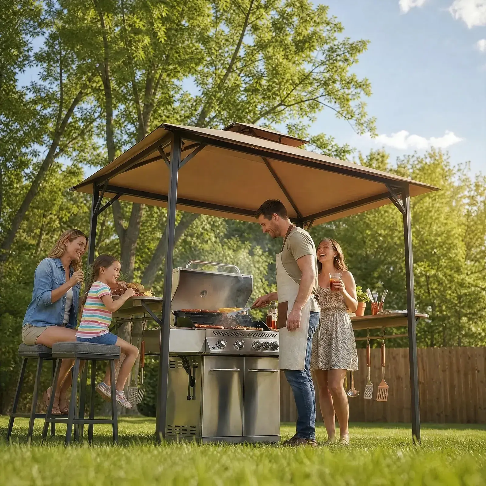 Sunjoy Classic Double-Roof Soft-Top Grill Station 5x8 on a lawn with a family at a gas grill beneath the canopy