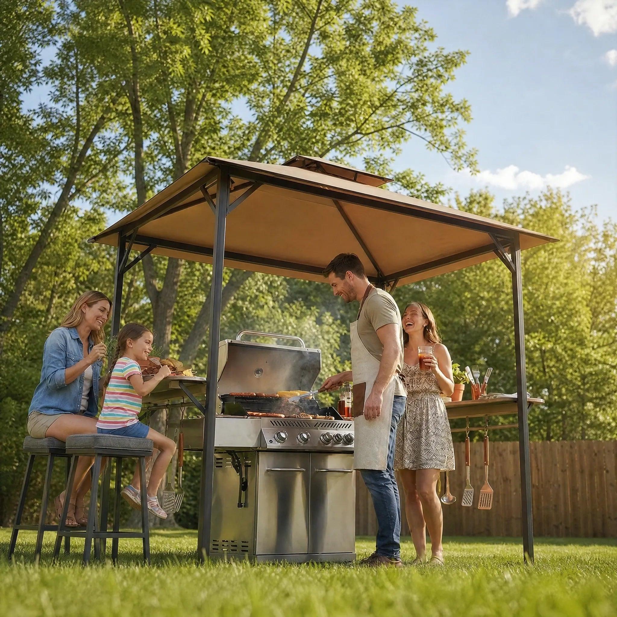 Sunjoy Classic Double-Roof Soft-Top Grill Station 5x8 on a lawn with a family at a gas grill beneath the canopy