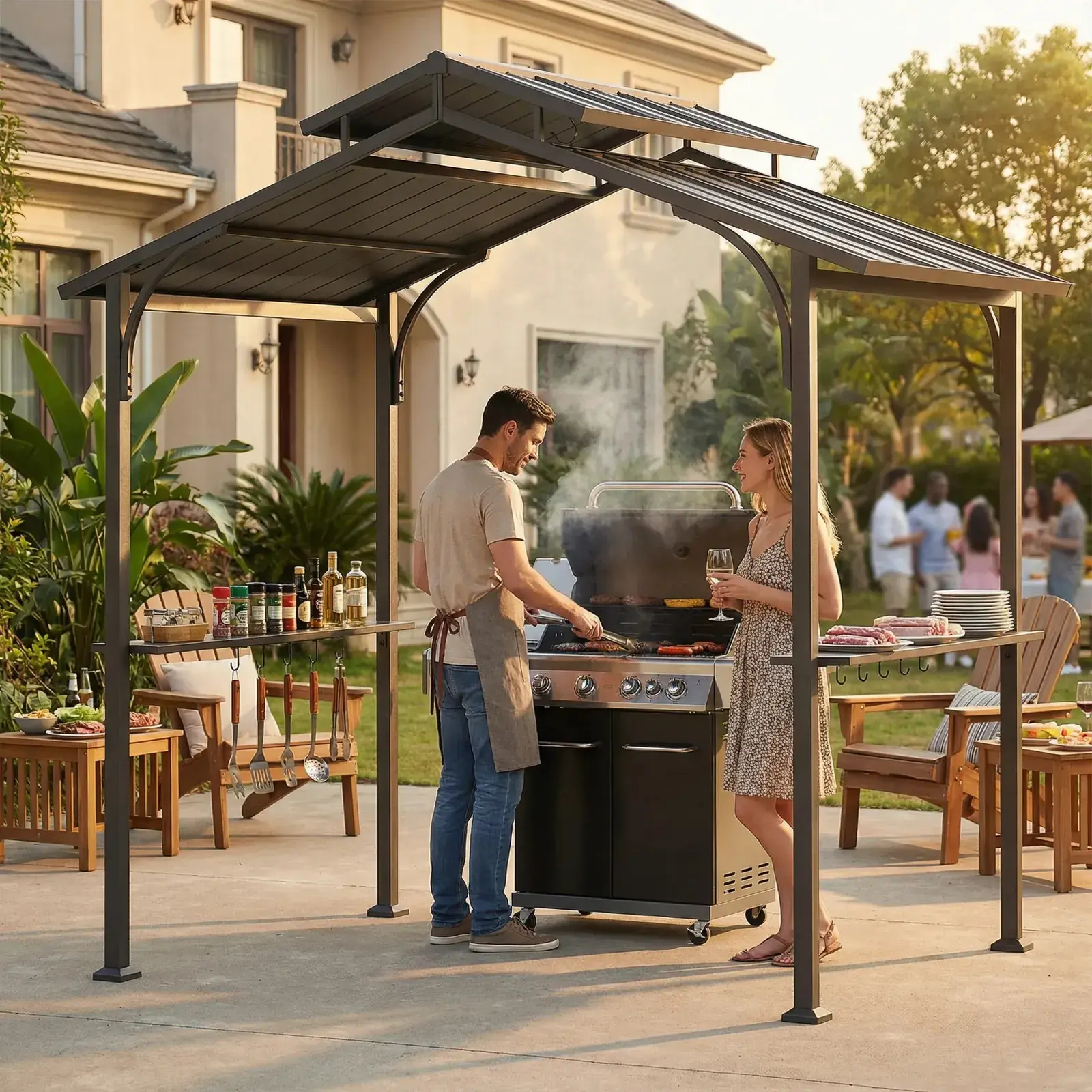 Sunjoy Classic Urban 5x8 grill station on a patio with two people cooking at a gas grill and a garden party behind