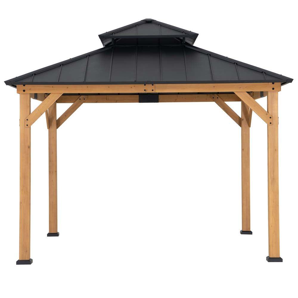 Sunjoy Classic Wooden Hardtop 11x11 gazebo in natural cedar, studio view of the two-tier steel roof on four pale timber posts