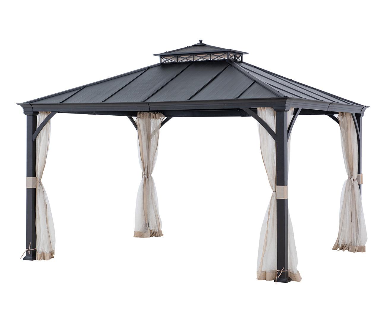 Sunjoy Crown Lattice hardtop gazebo in matte black, studio view of the two-tier steel roof with a decorative lattice band and netting gathered at each post