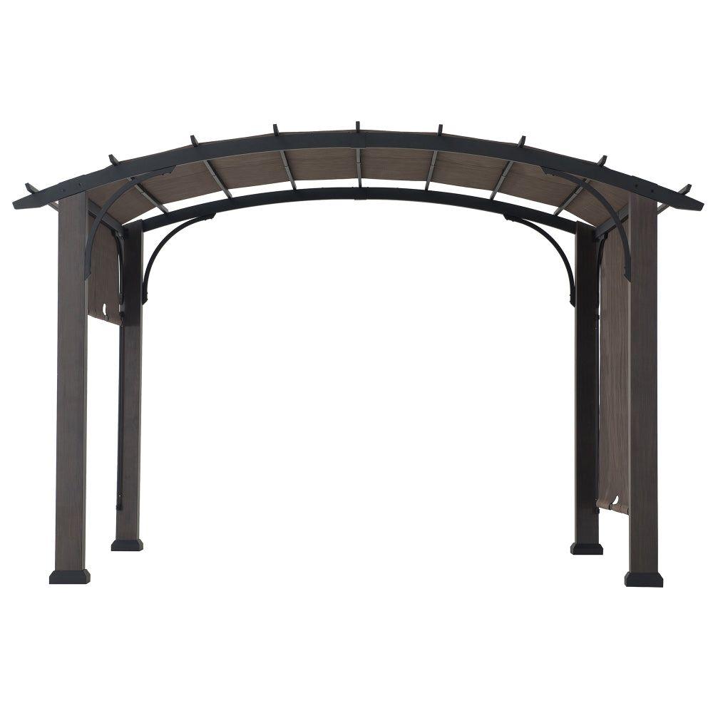 Sunjoy curved-roof retractable pergola with woodgrain steel posts, black arched braces and a tan sliding canopy, studio view